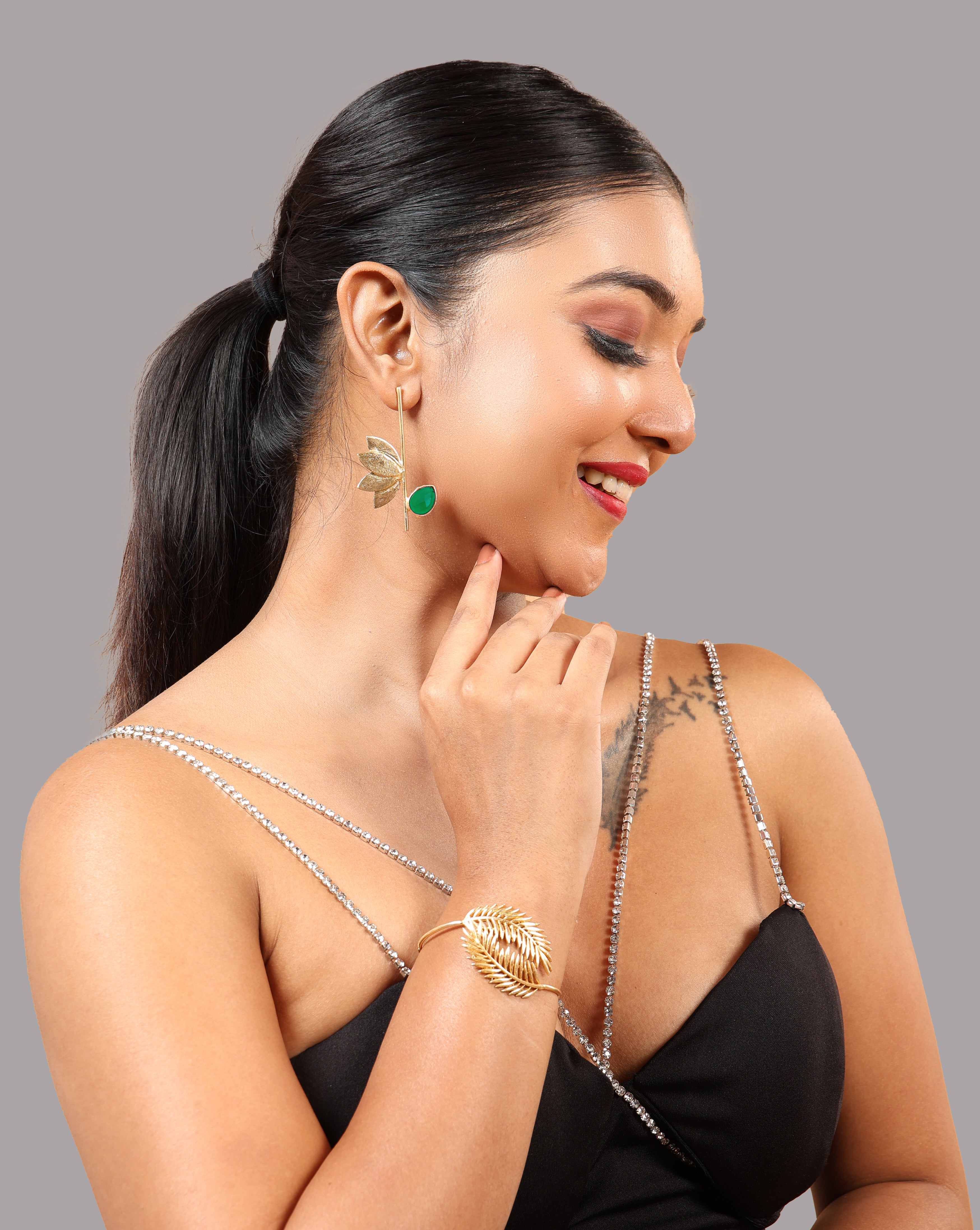 Lotus Stone Dangle Earrings-Green