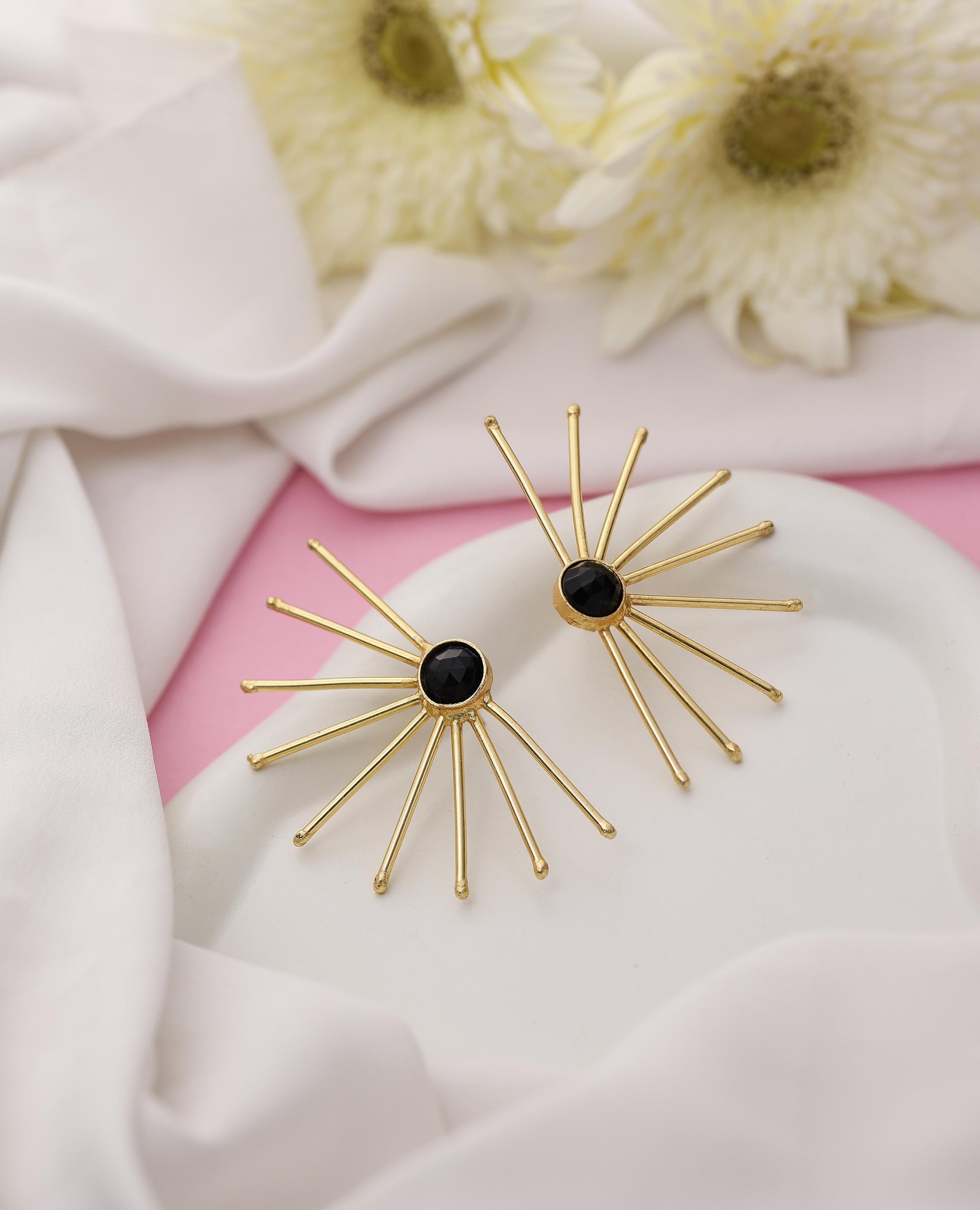 Earthy Stone Sun Wire Brass Earrings-B