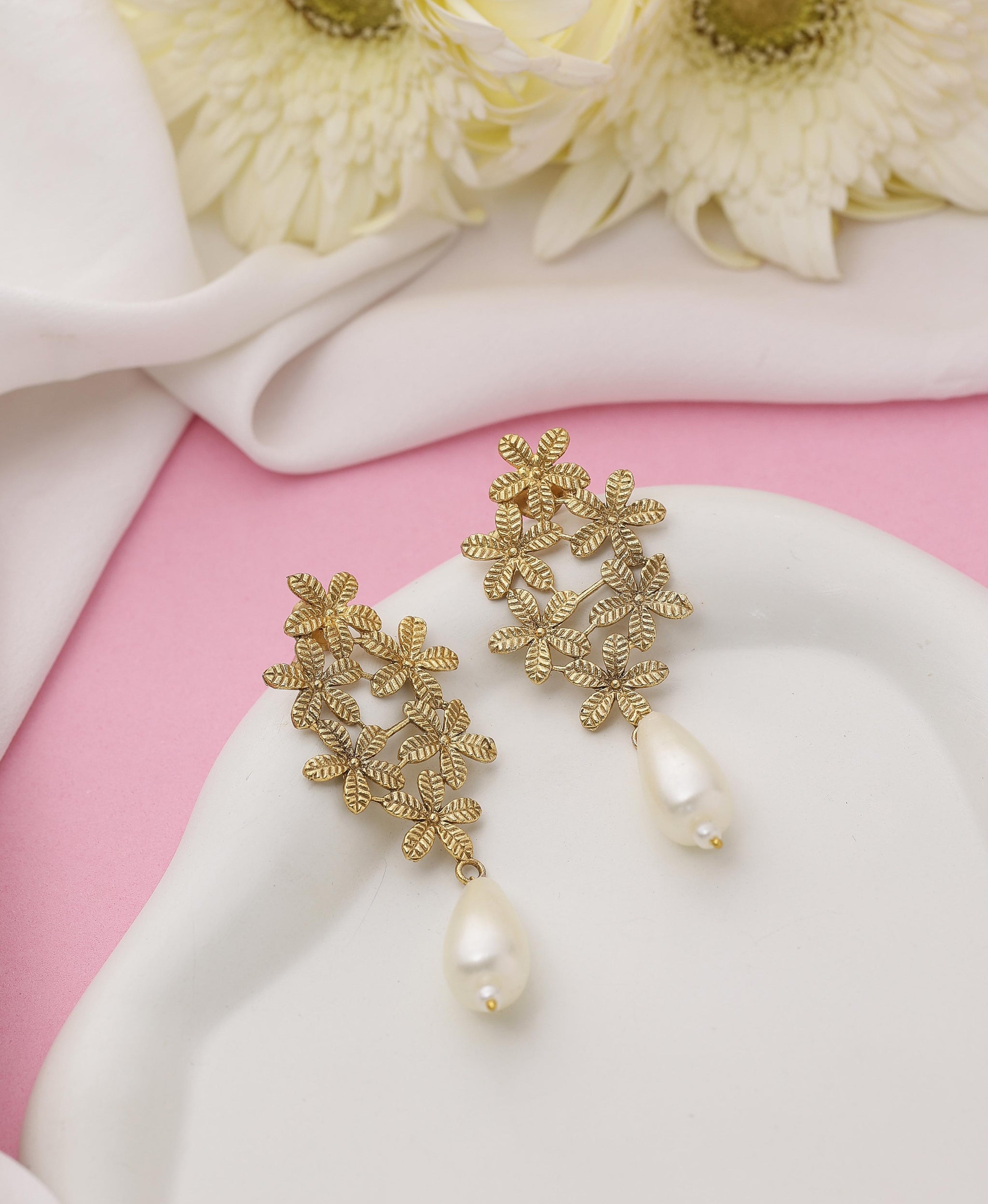 Multi Flower Pearl Drop Earrings