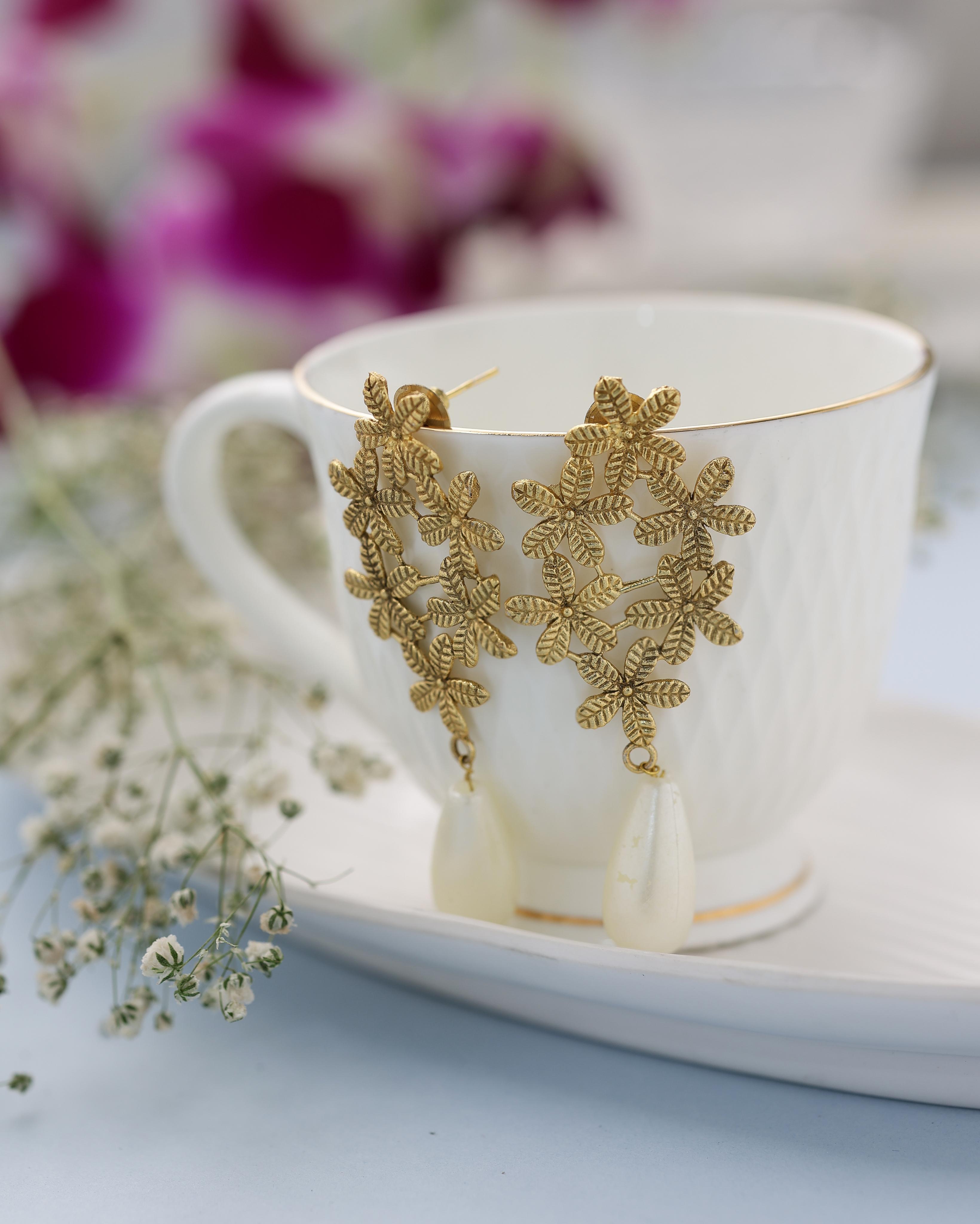 Multi Flower Pearl Drop Earrings