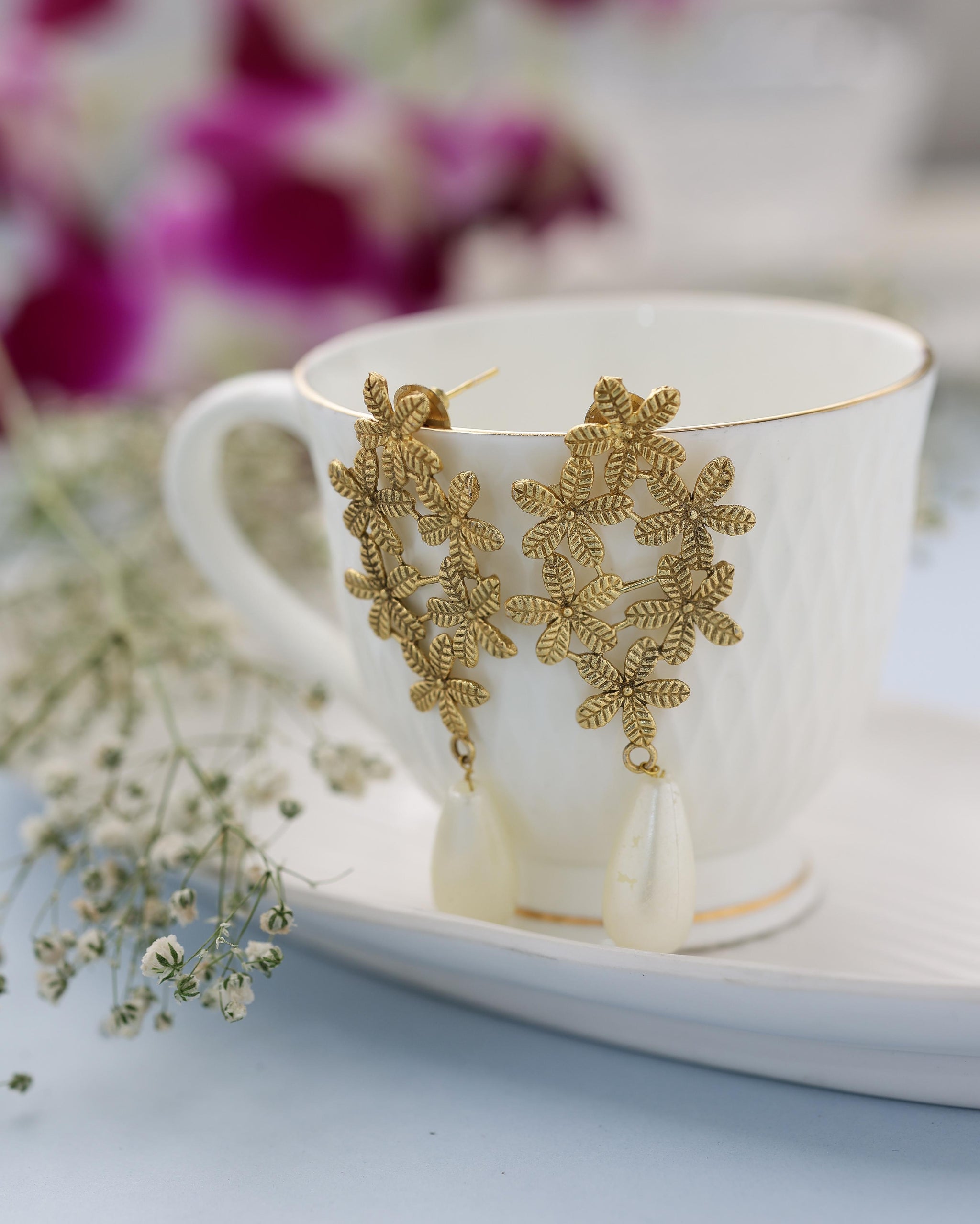 Multi Flower Pearl Drop Earrings