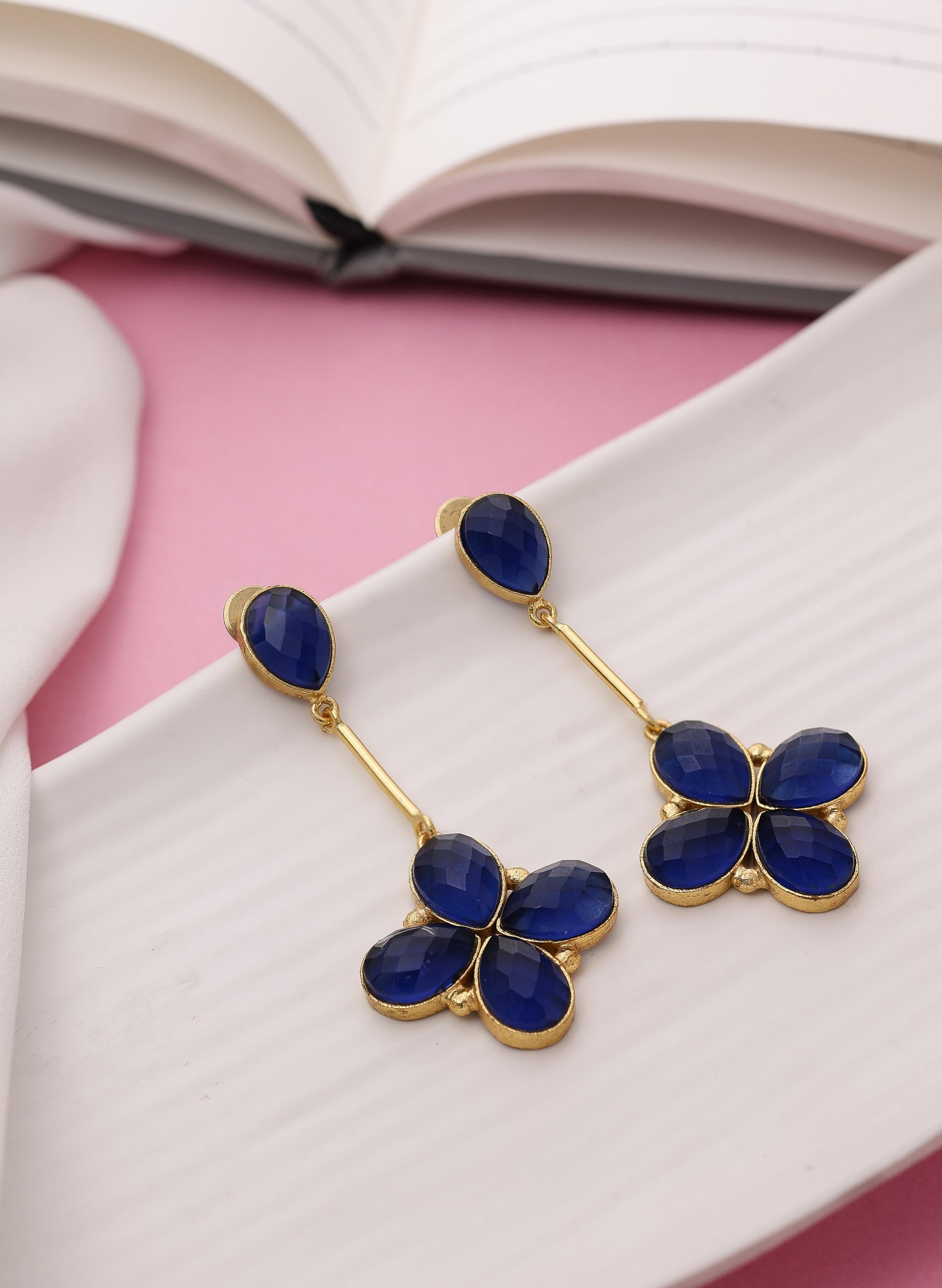 Floral Glossy Stone Dangle Earrings-Blue