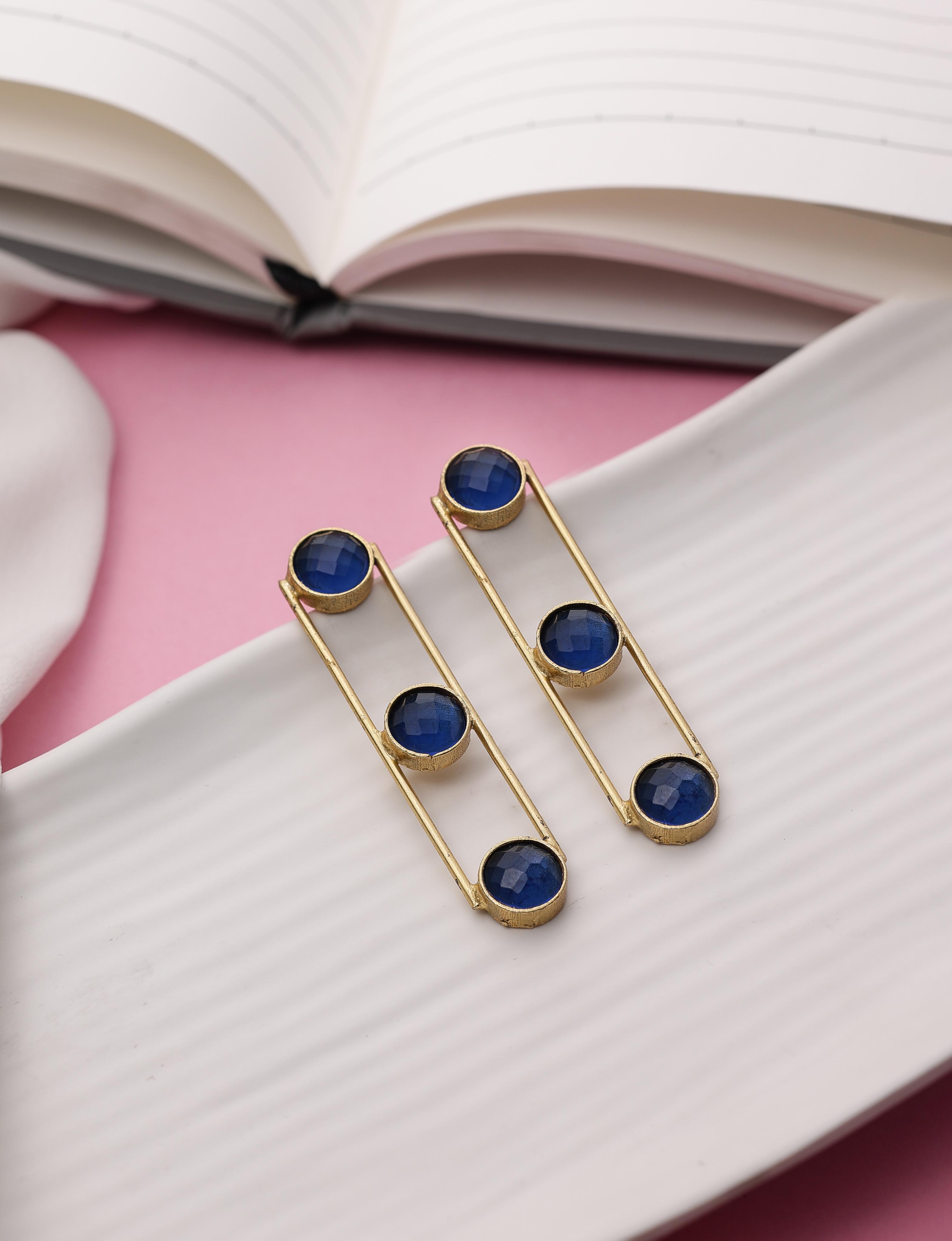 Tri Stone Dangle Earrings-Blue