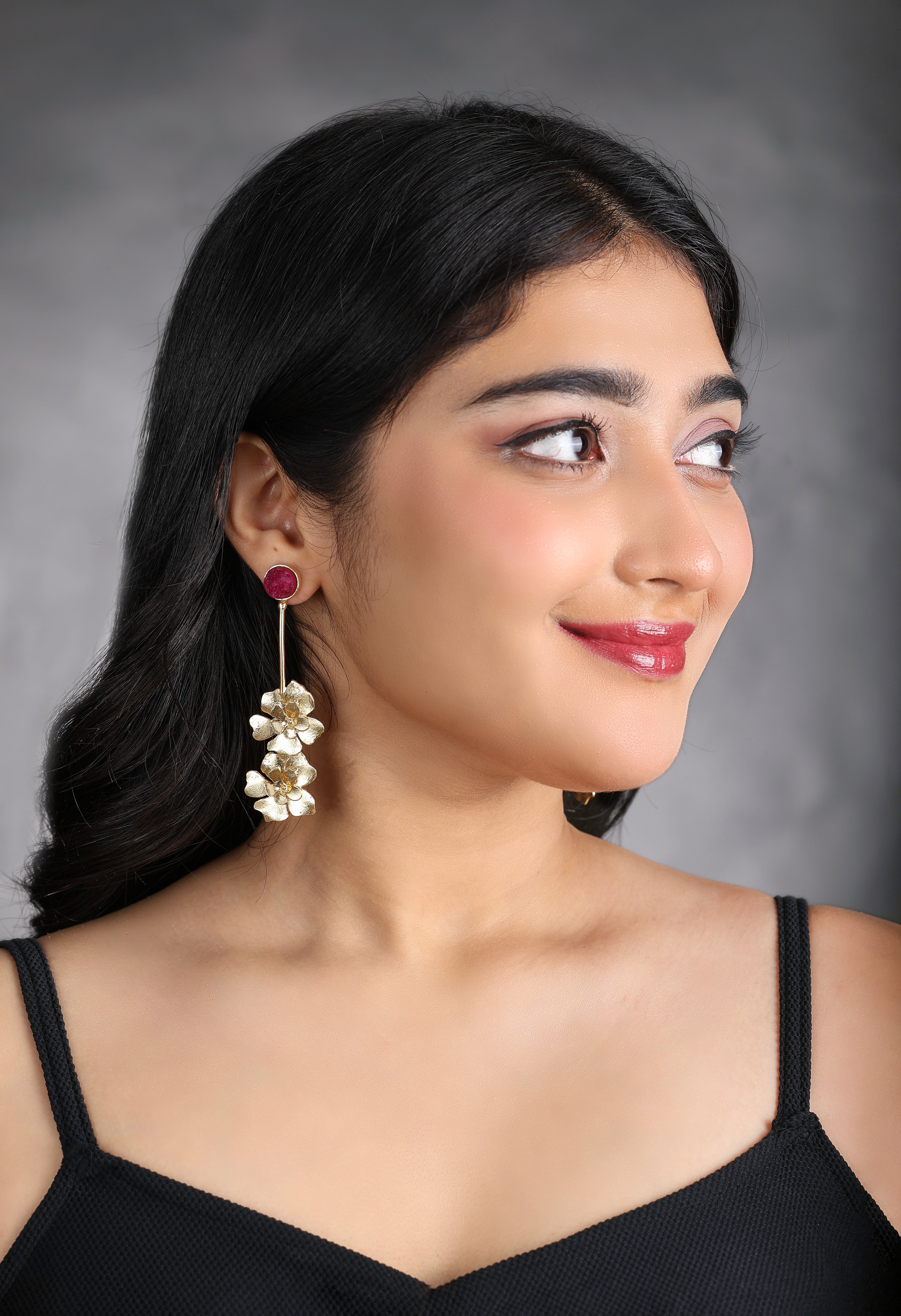 Stone & Flower Updown Earrings-R