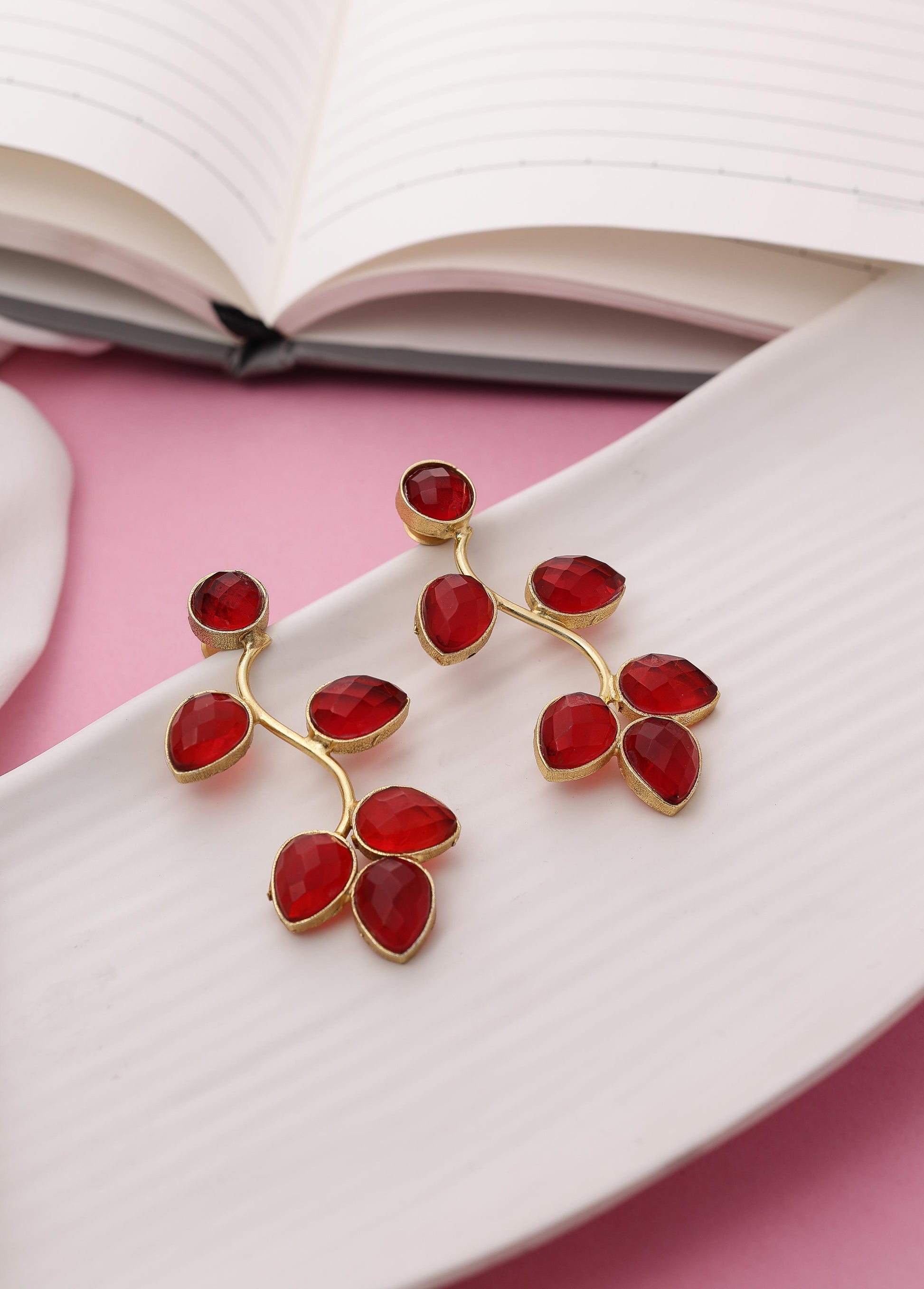Crystal Cascade Wavy Leaf Earrings-Red