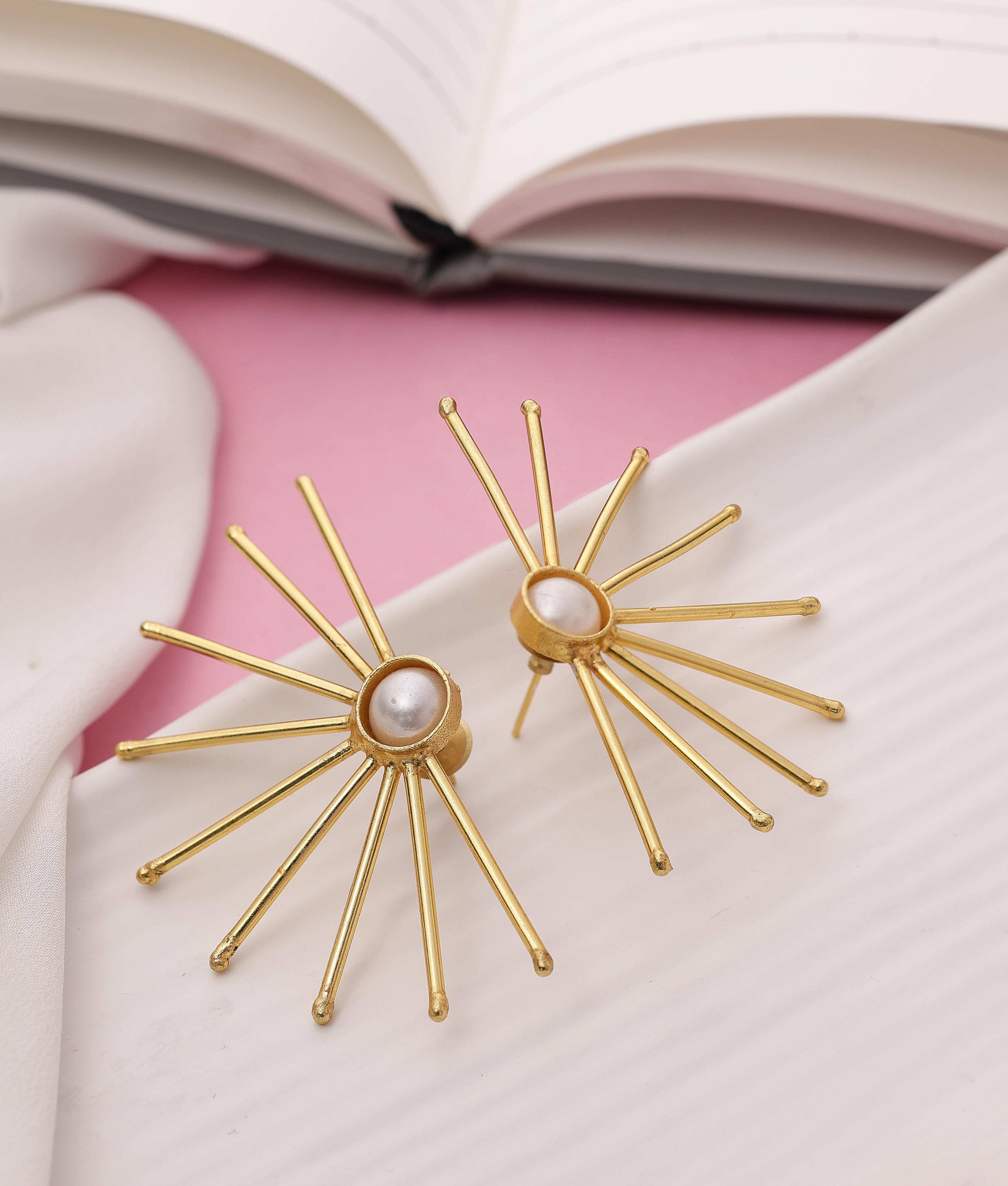 Earthy Stone Sun Wire Brass Earrings-W