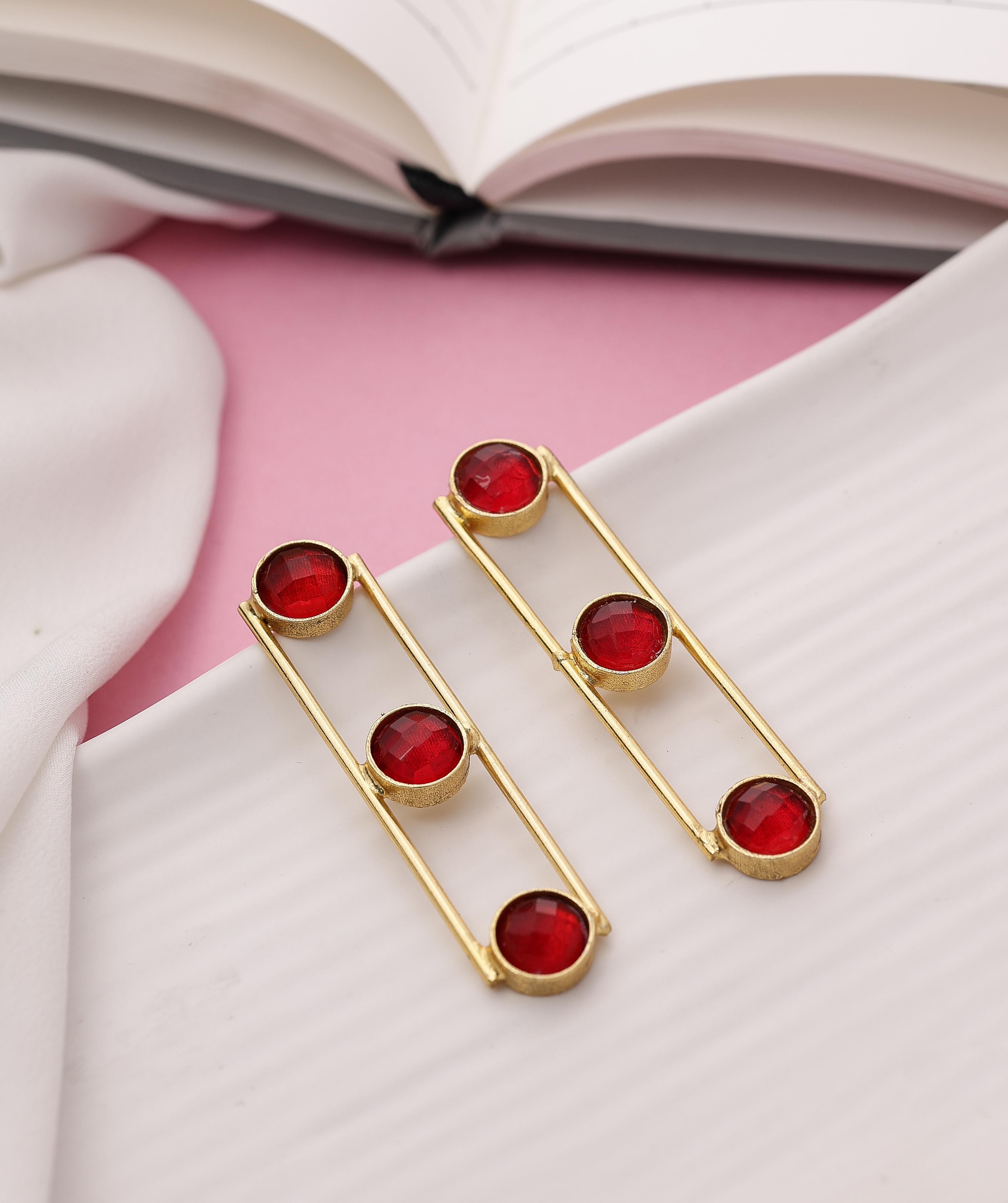 Tri Stone Dangle Earrings-Red