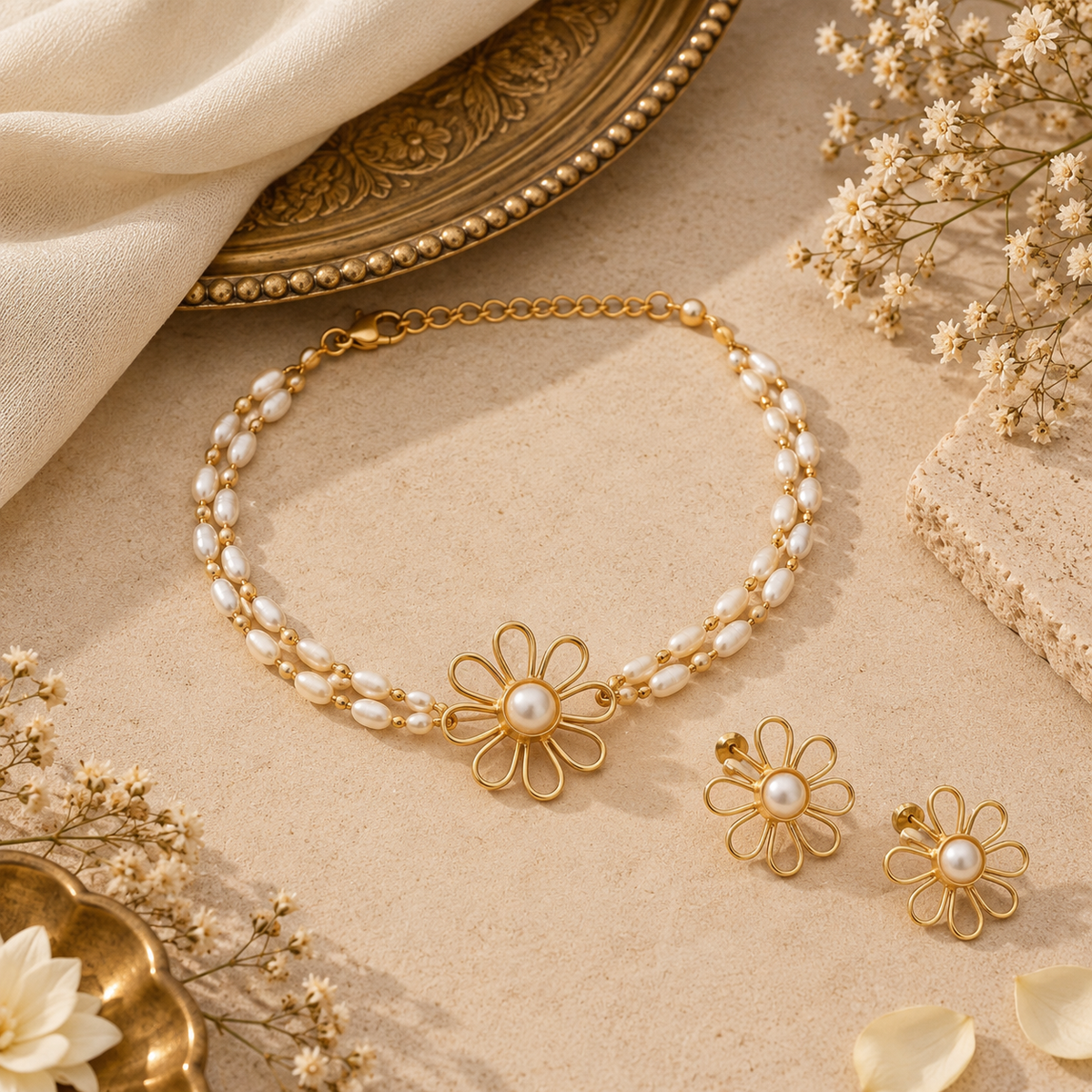 Floral Rice Bead Necklace Set- White
