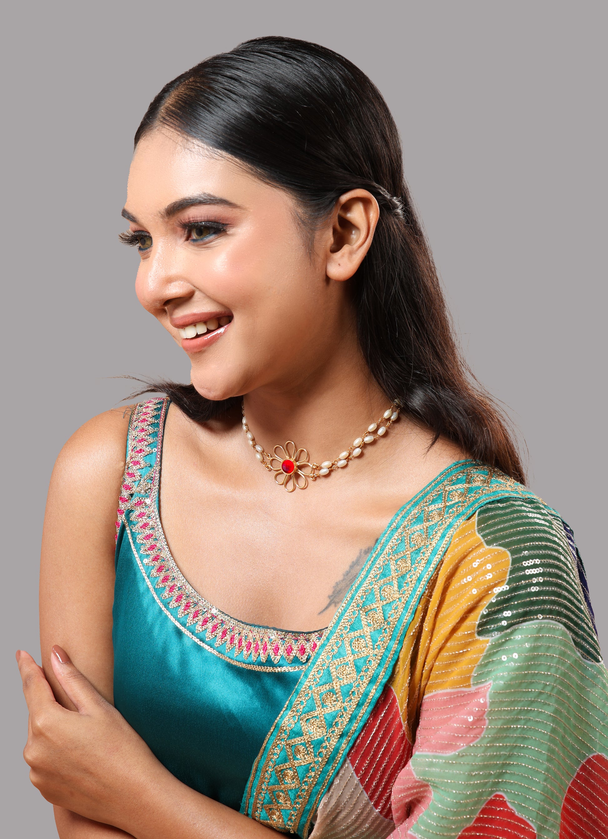 Floral Rice Bead Necklace Set- Ruby