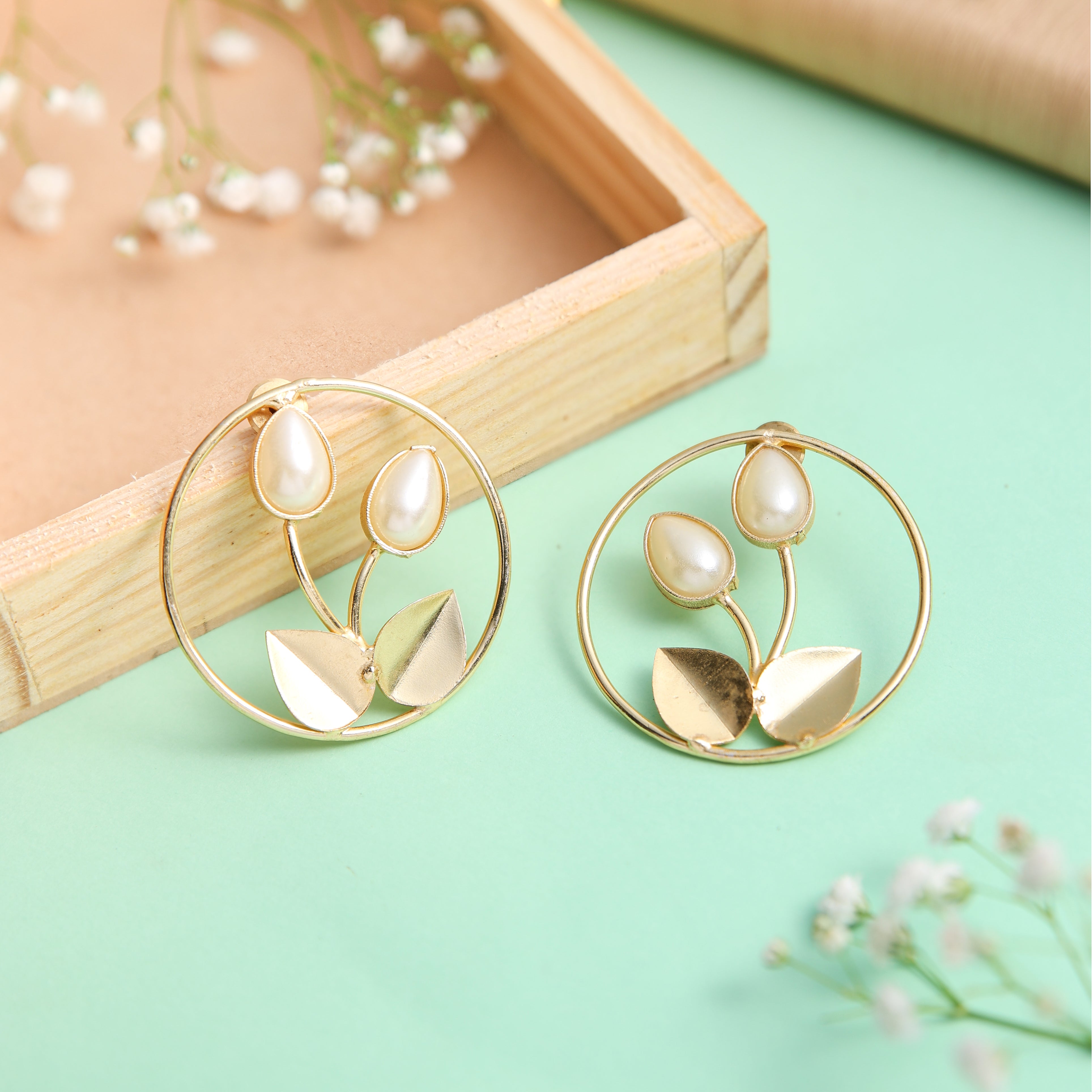 Dual Leaf Monalisa Stone Earrings-W