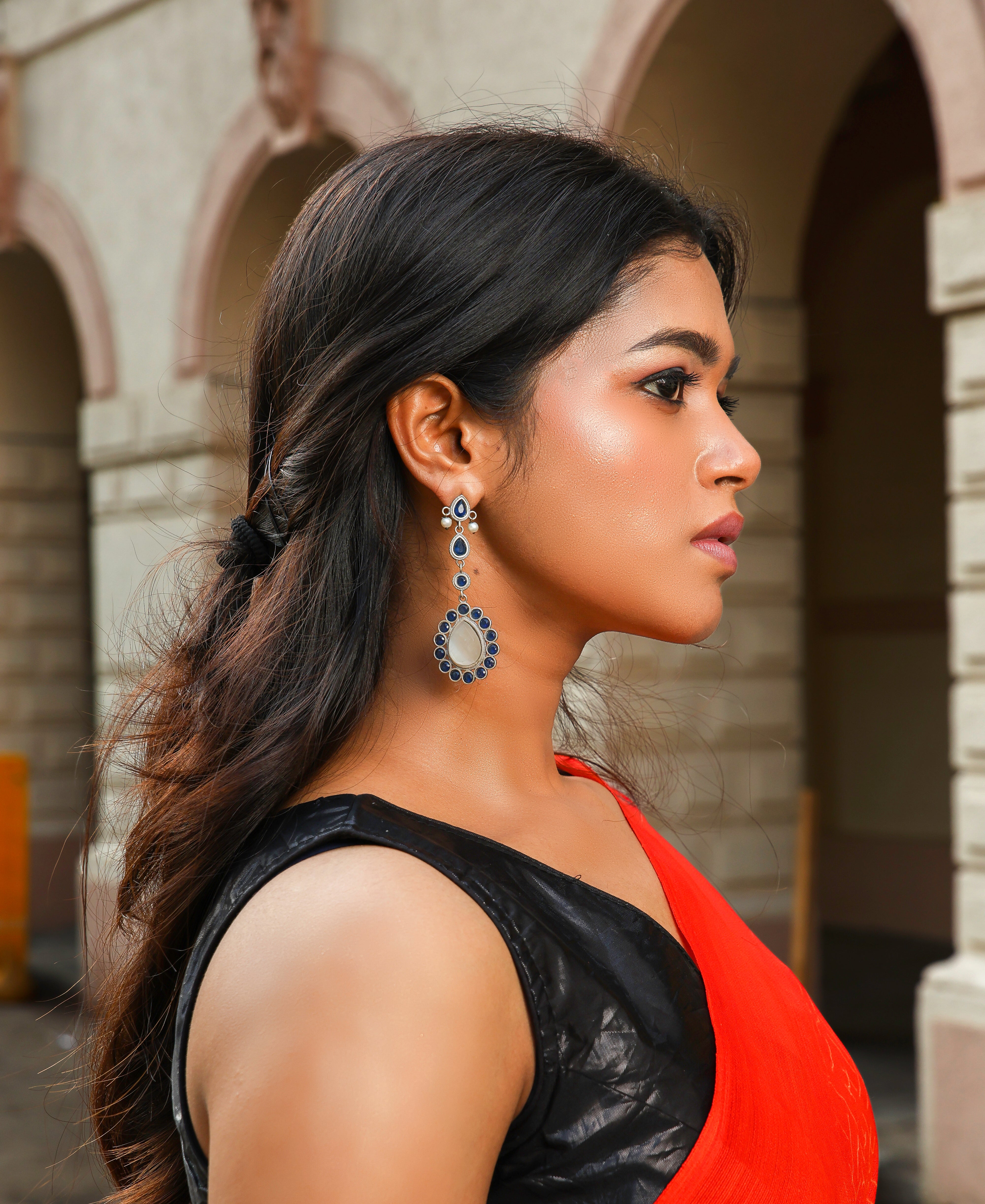 Embellished Blue Stone Drop Oxidised Earrings