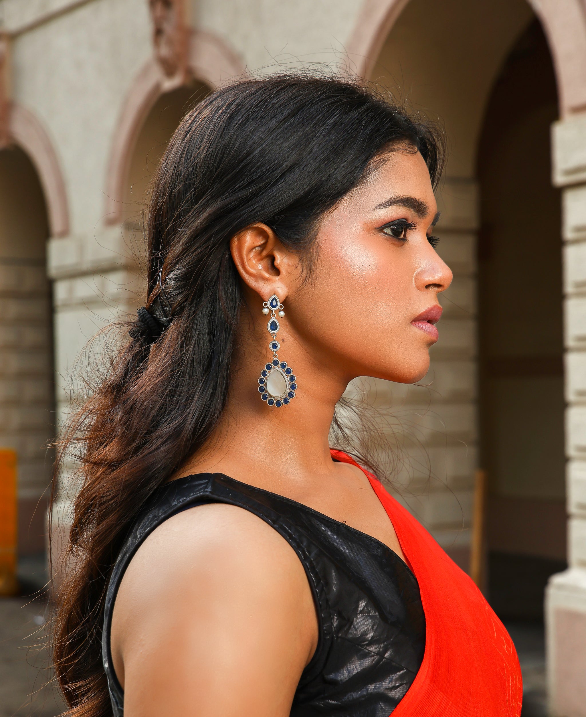 Embellished Blue Stone Drop Oxidised Earrings