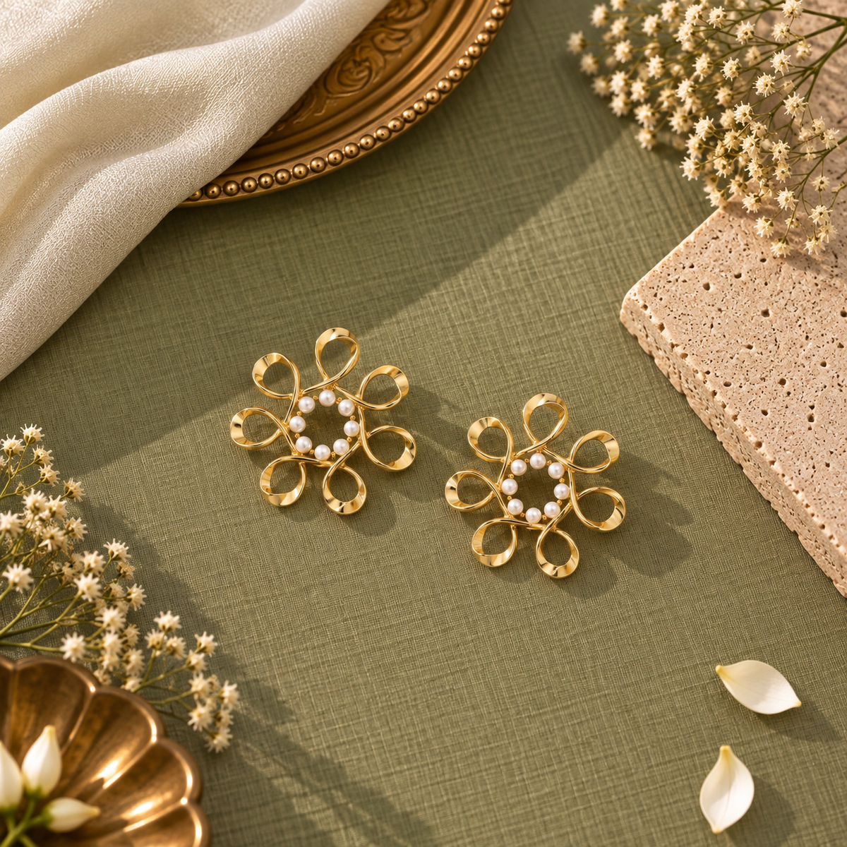 Twist & Twirl Pearl Studded Flower Earrings