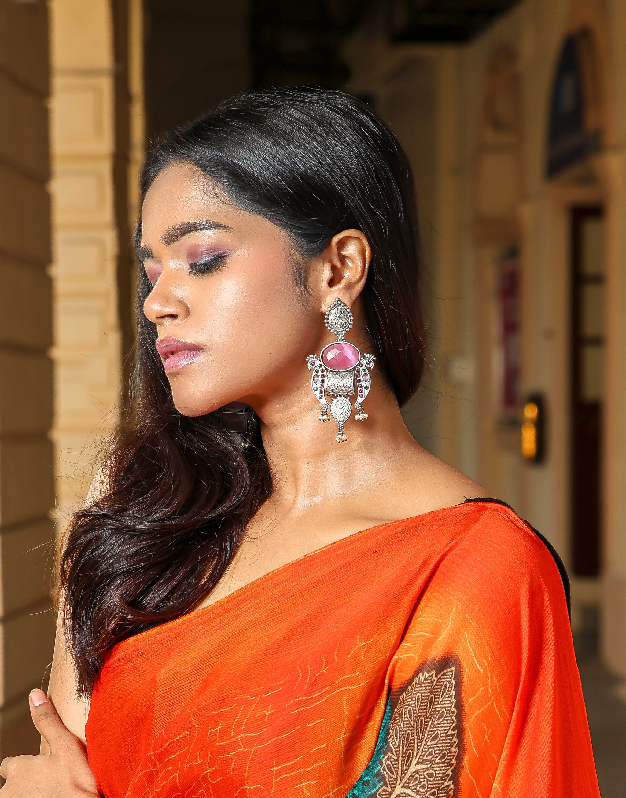 Antique design Pink Stone Oxidised Earrings