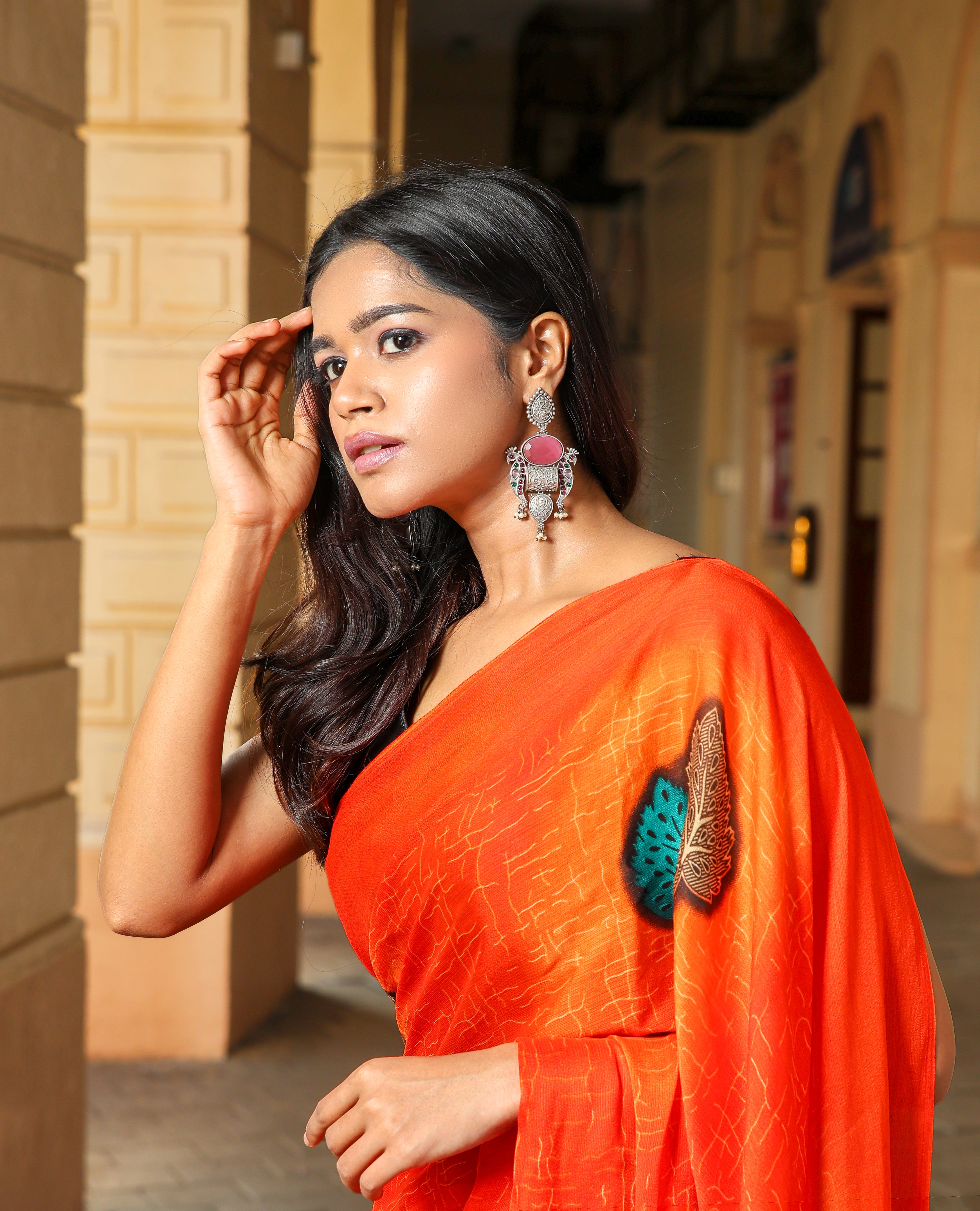 Antique design Pink Stone Oxidised Earrings