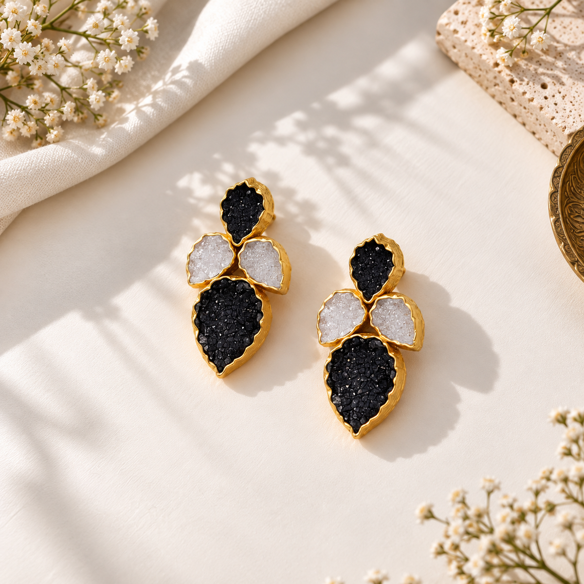Regal Baroque & Druzy Black Floral Earrings