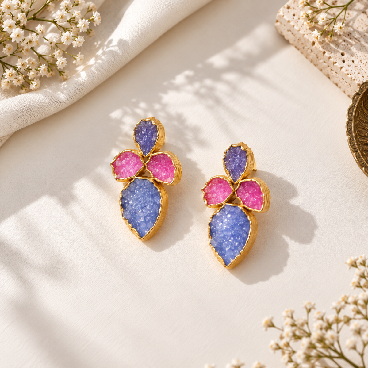 Regal Baroque & Druzy Pink Floral Earrings