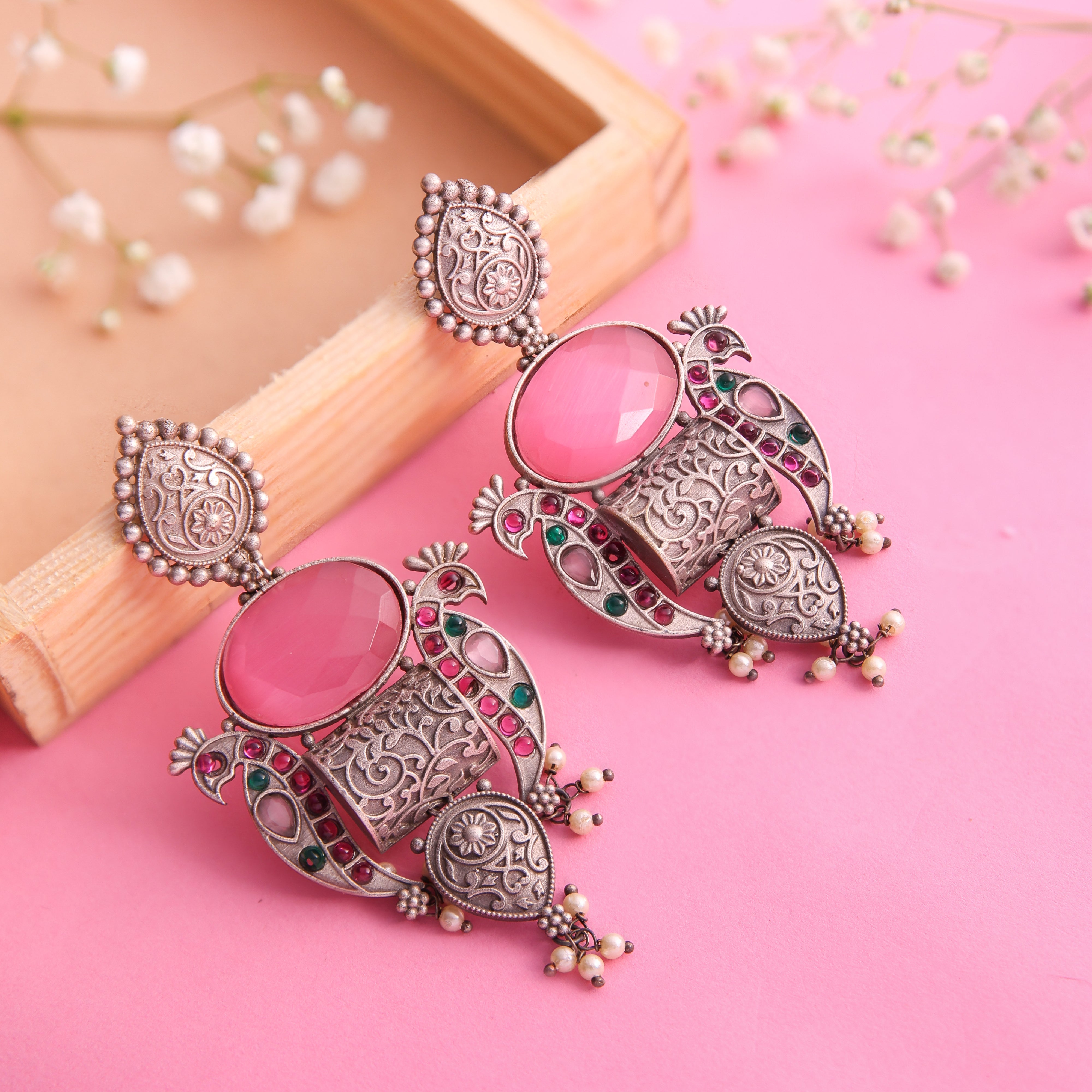 Antique design Pink Stone Oxidised Earrings