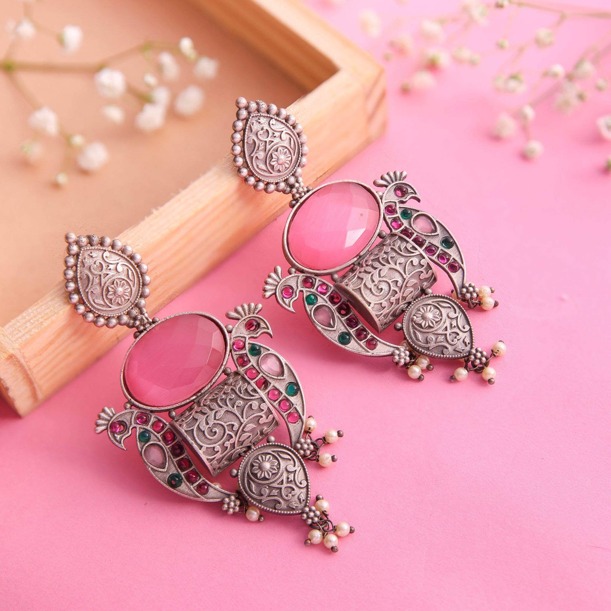 Antique design Pink Stone Oxidised Earrings