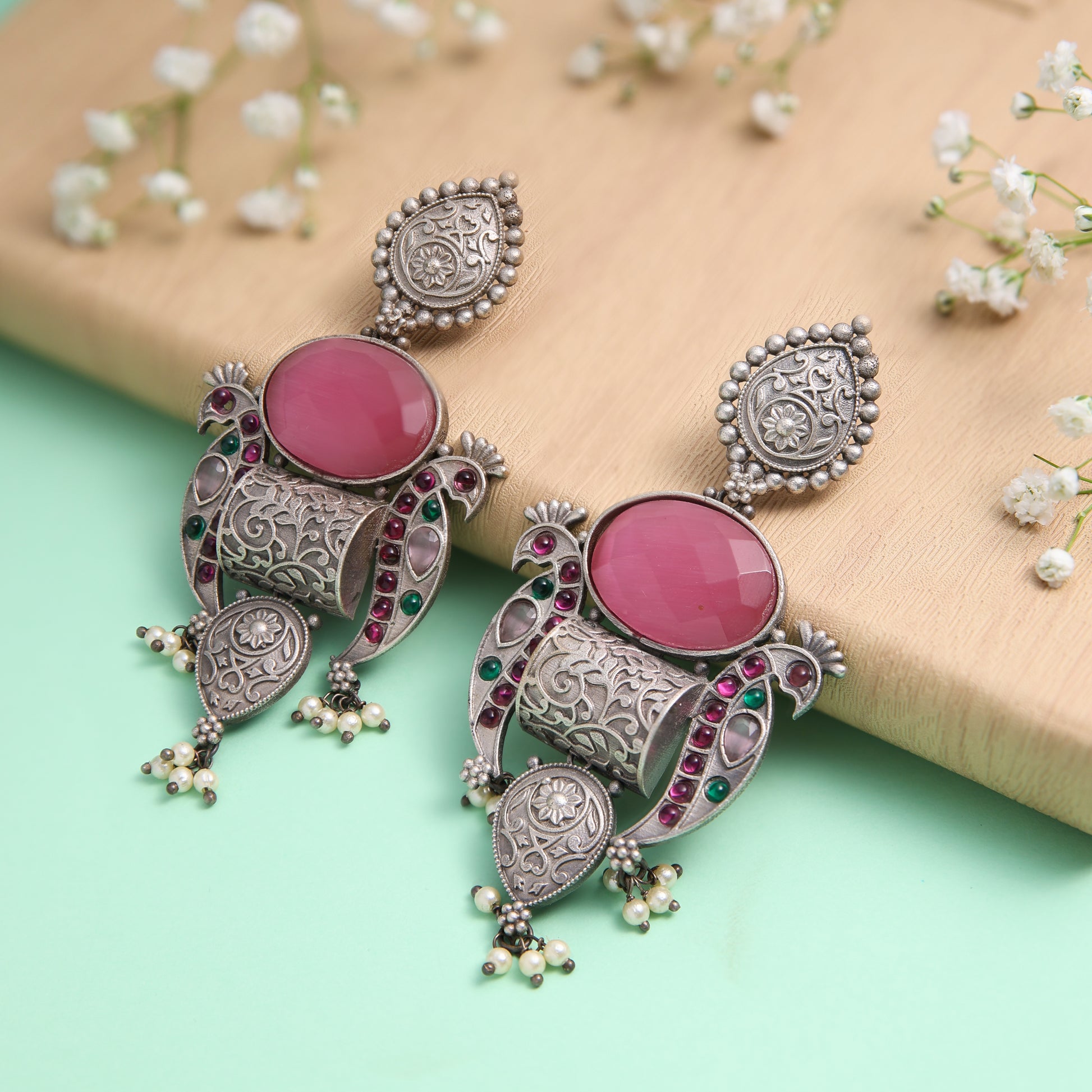 Antique design Pink Stone Oxidised Earrings
