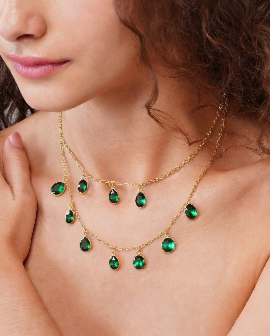92.5 Sterling Silver Emerald Dual layer Necklace - Jiaarajewellery