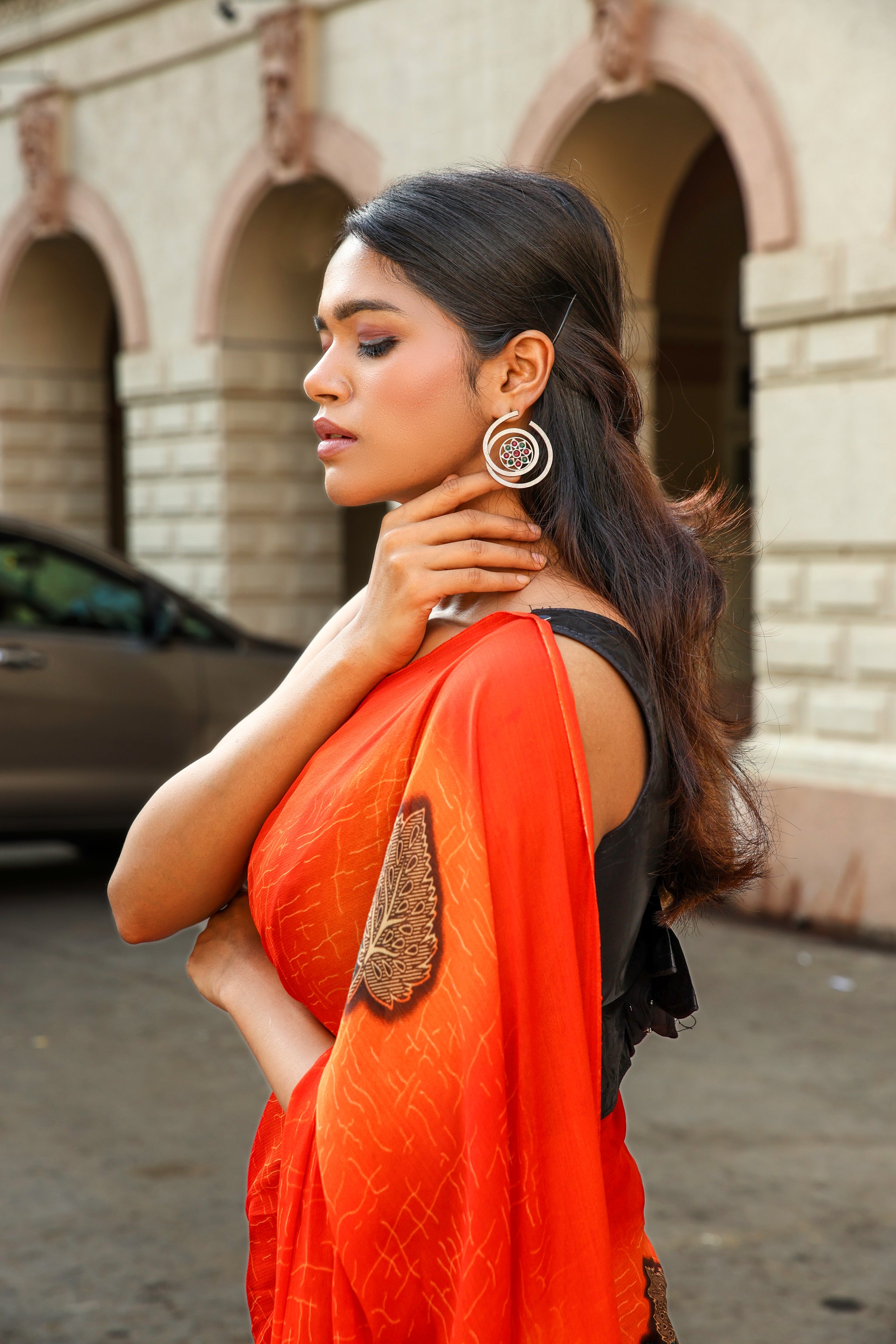 Spiral Stone Studded Oxidised Earrings