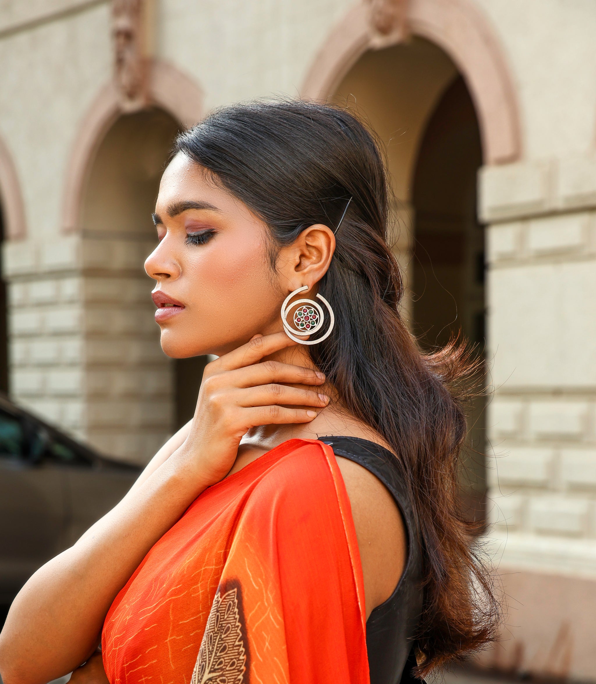 Spiral Stone Studded Oxidised Earrings