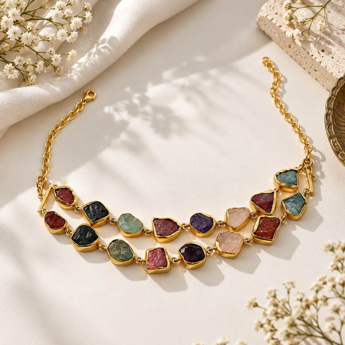 Stone Symphony double layer Necklace- Multicolor