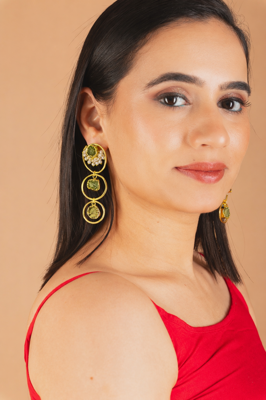 Tri Stone drop loop Earrings-Olive