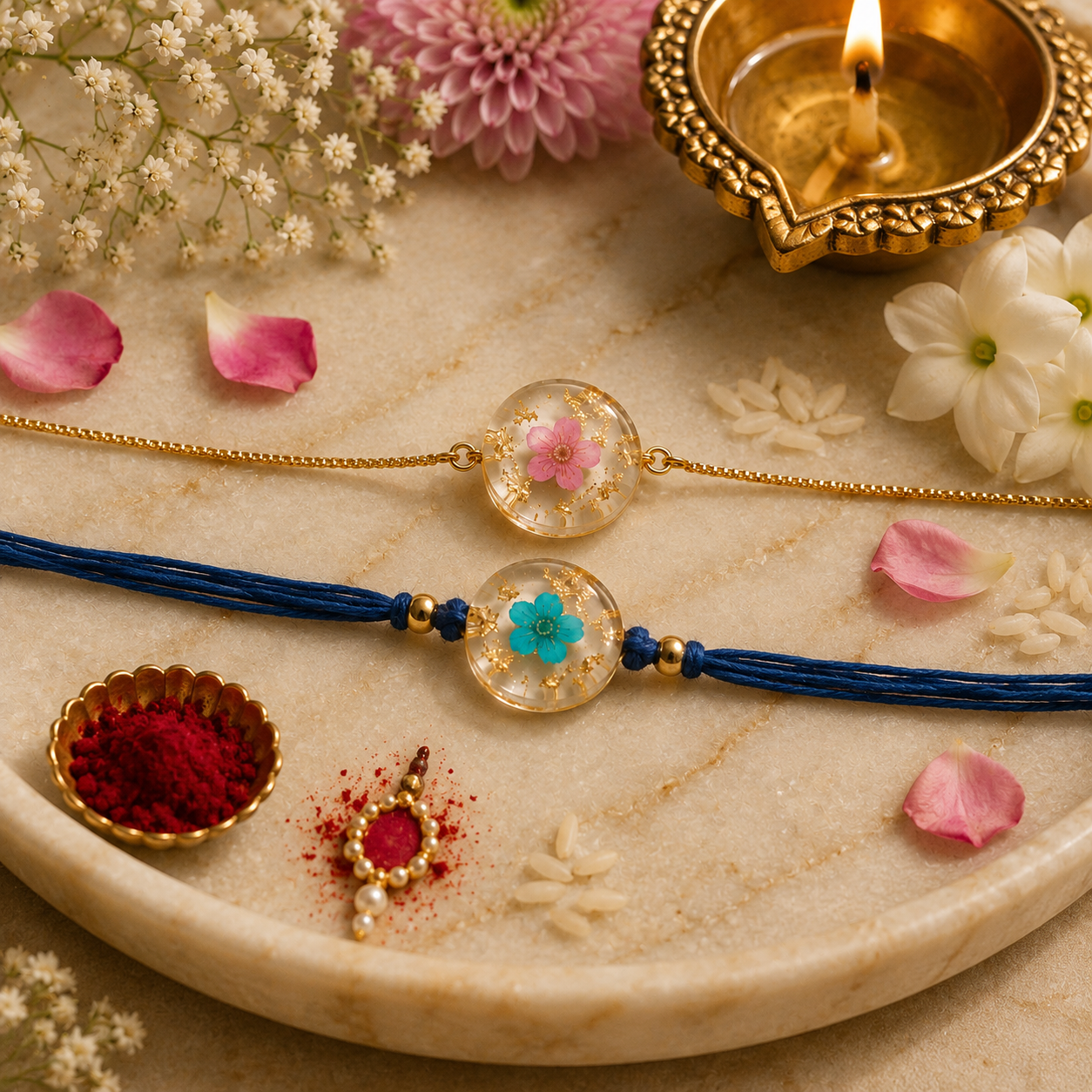 Real Flower Rakhi - Bhaiya & Bhabhi Rakhi Set