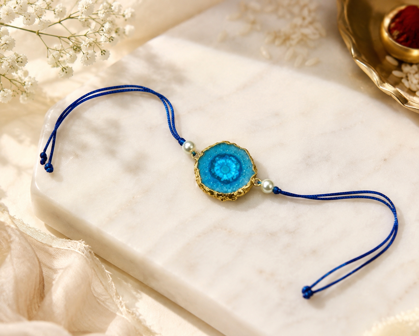 Solar Druzy Stone Thread Rakhi - Turquoise