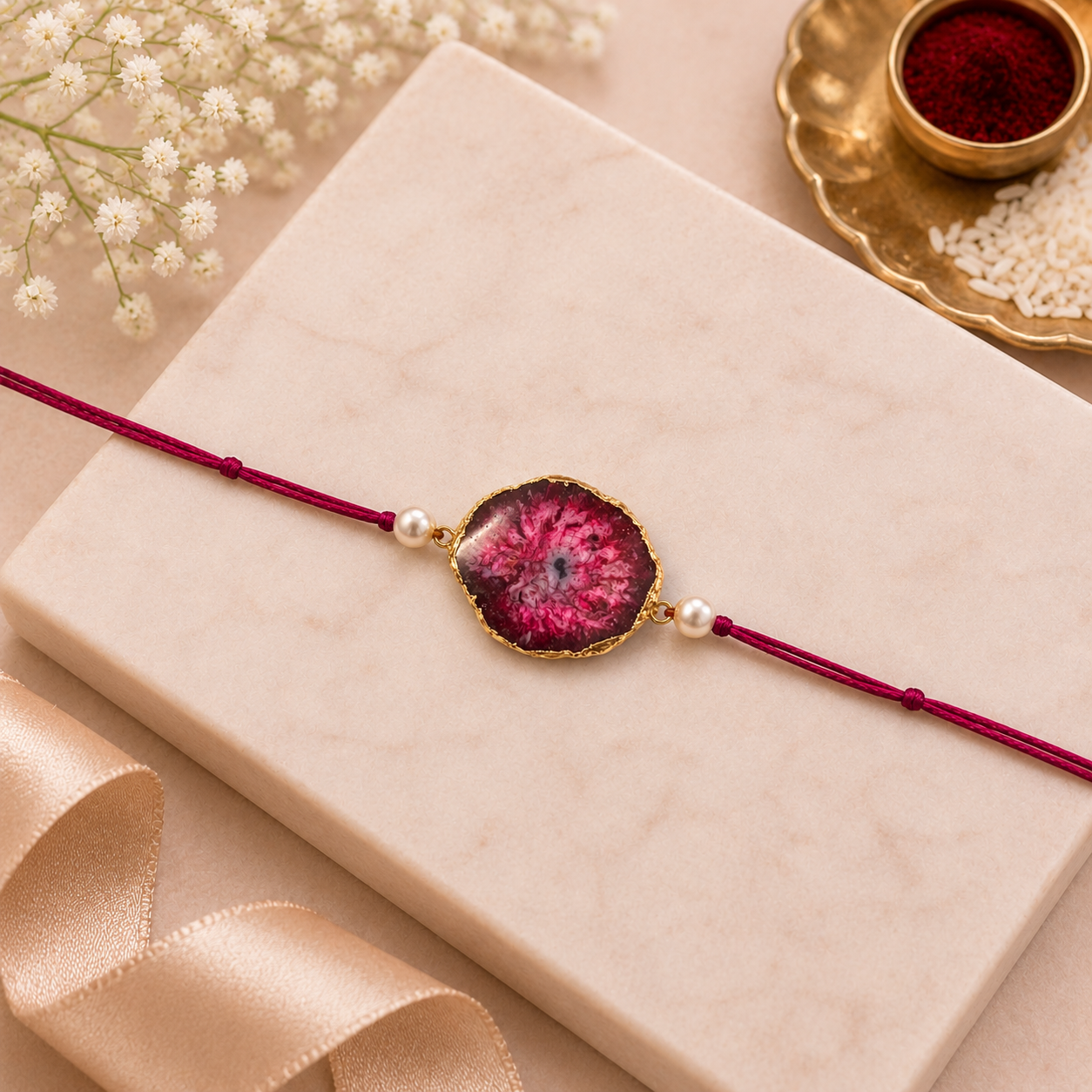Solar Druzy Stone Thread Rakhi - Ruby