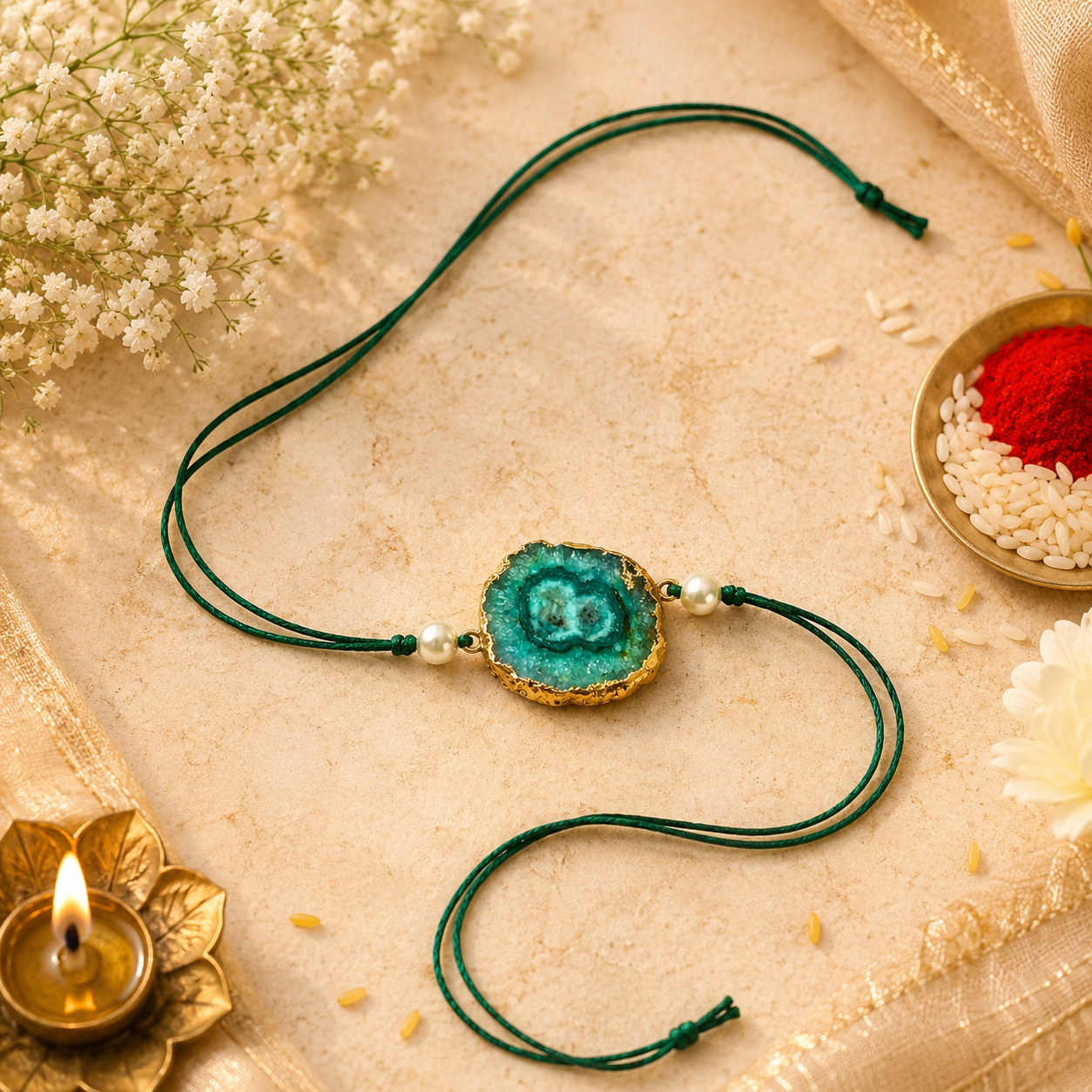 Solar Druzy Stone Thread Rakhi - Green
