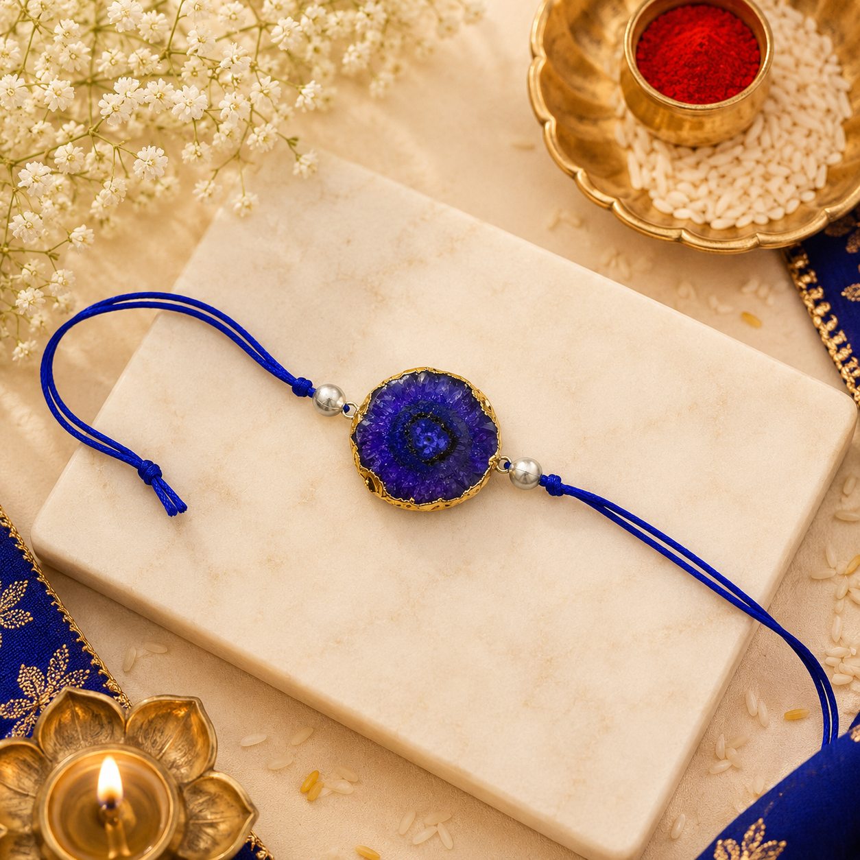 Solar Druzy Stone Thread Rakhi - Blue