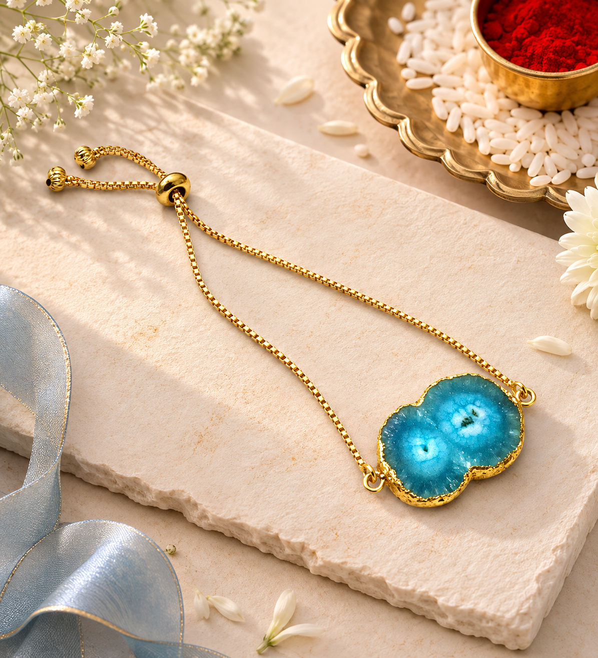 Solar Druzy Stone Chain Rakhi- Turquoise