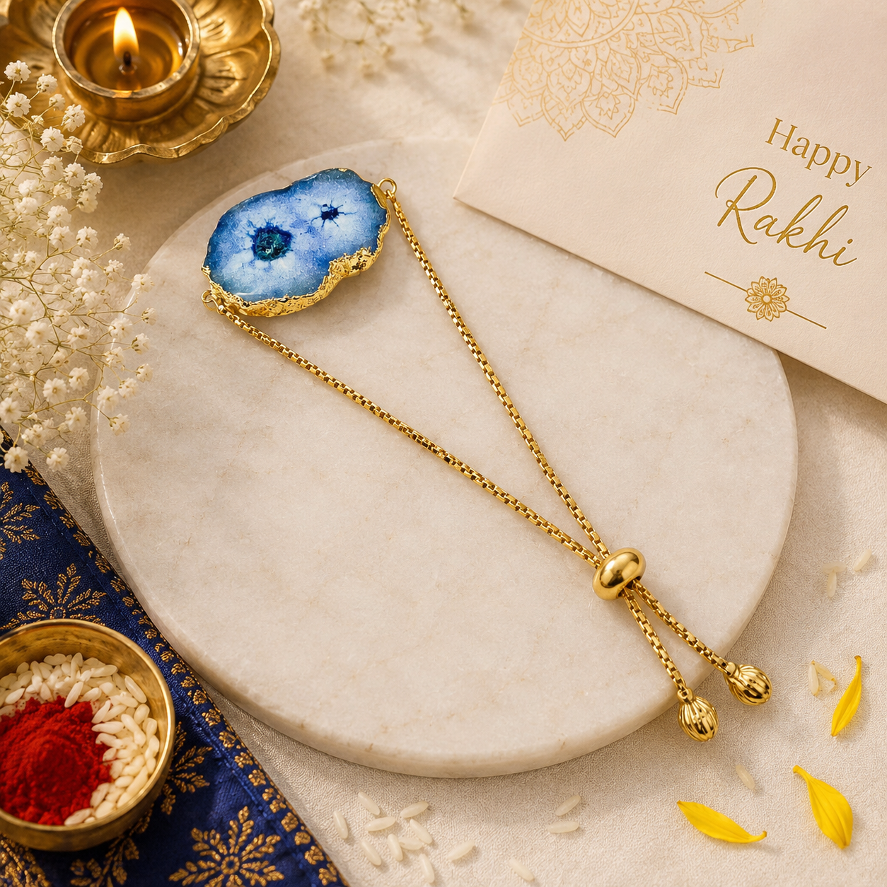 Solar Druzy Stone Chain Rakhi- Blue