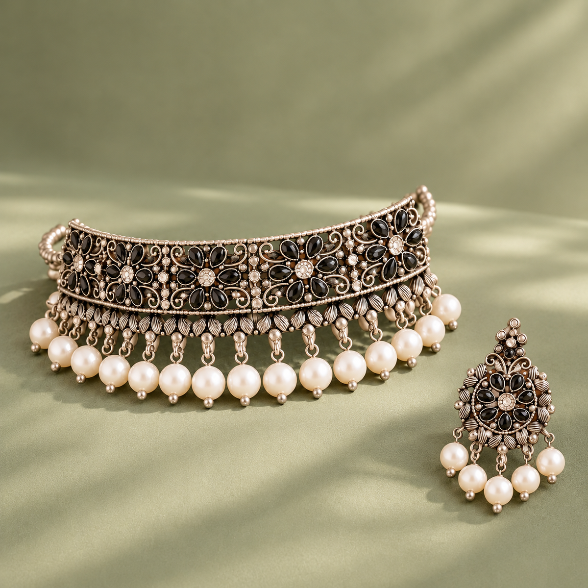 Oxidised Silver Choker Necklace Set with Maang Tikka