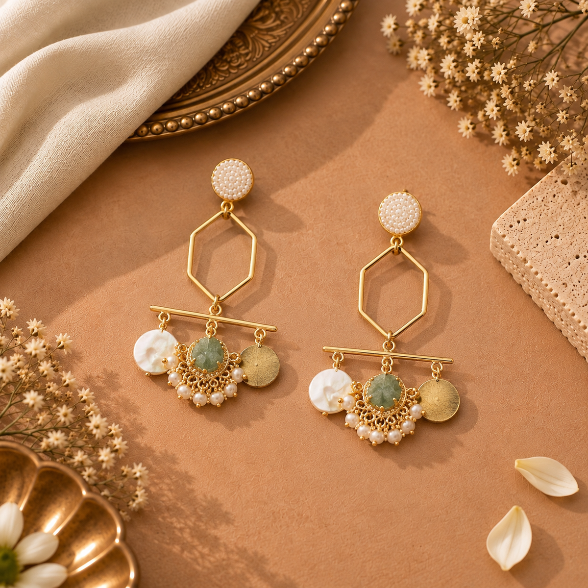 Golden Pentagen drop Stone hanging Earrings-G