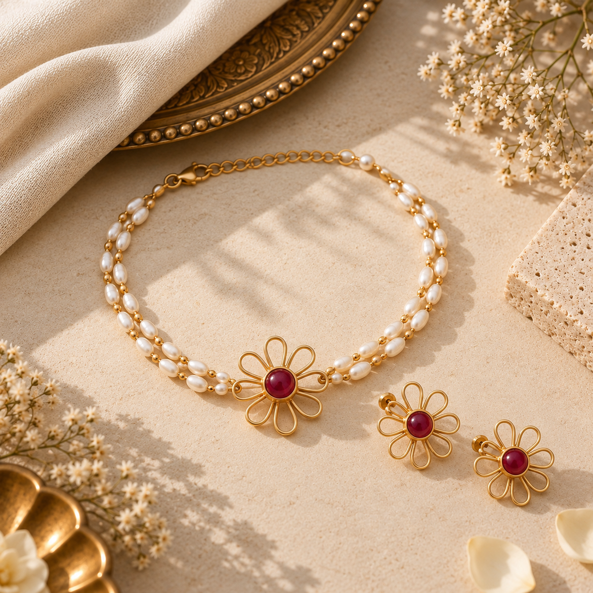 Ruby Bead Necklace with Pendant