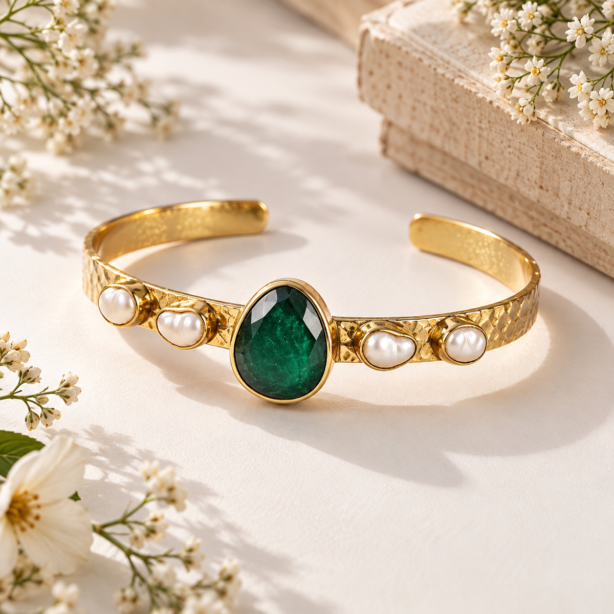 Green Onyx Textured Cuff Bracelet