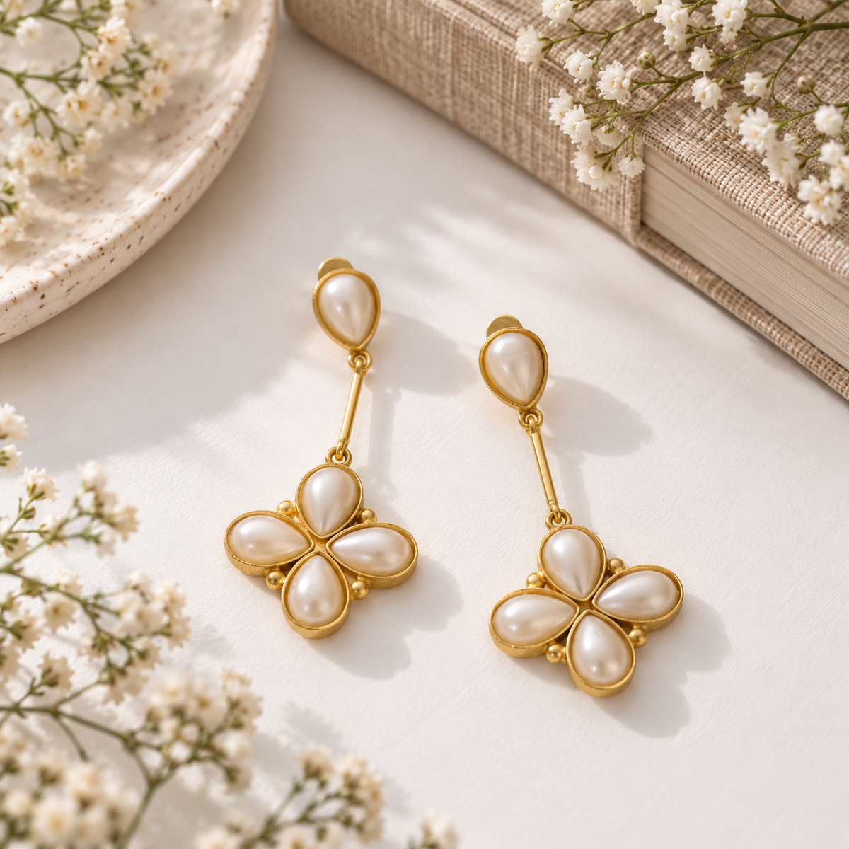 Floral Glossy Stone Dangle Earrings-White
