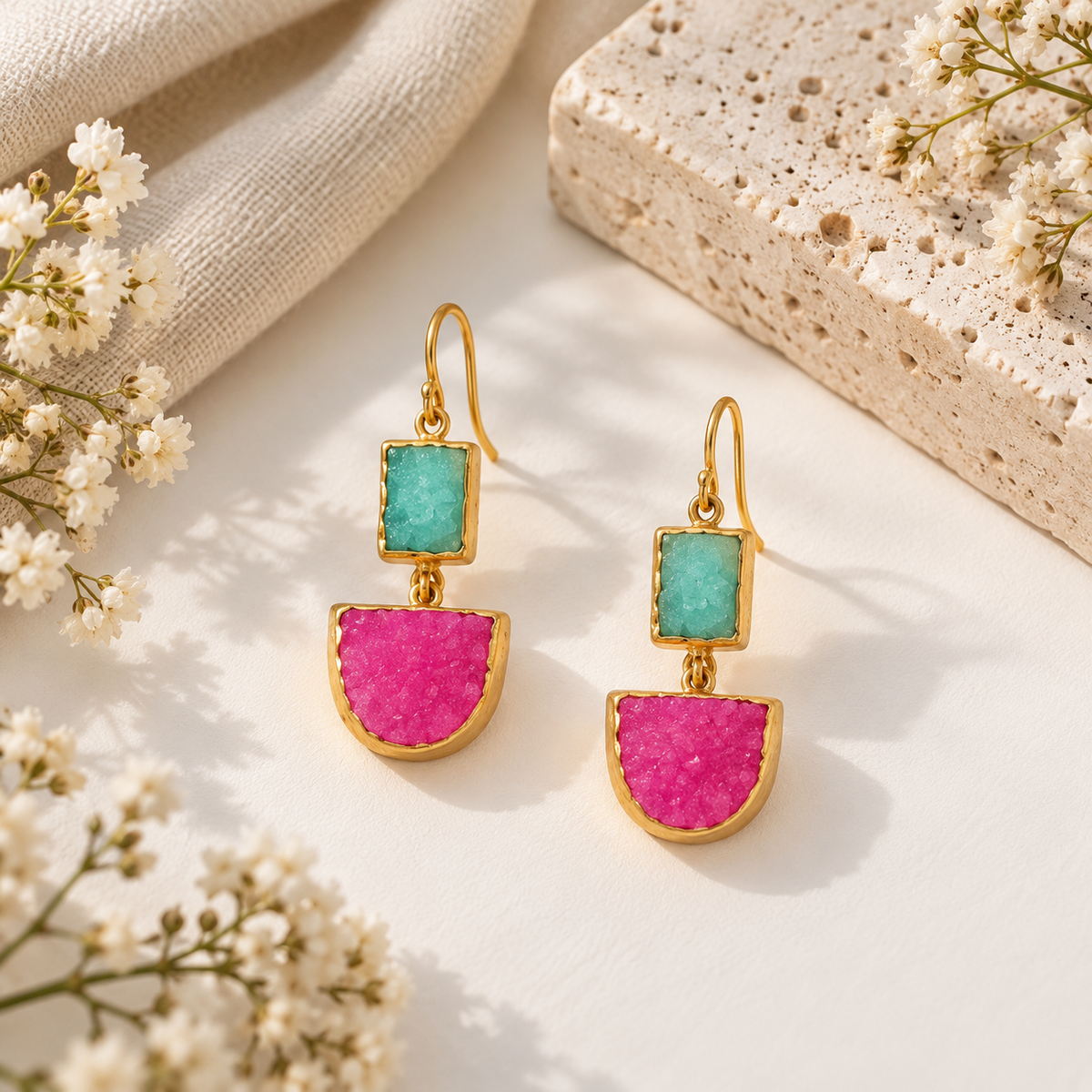 Solar Druzy Fuchsia Pink Statement Earrings