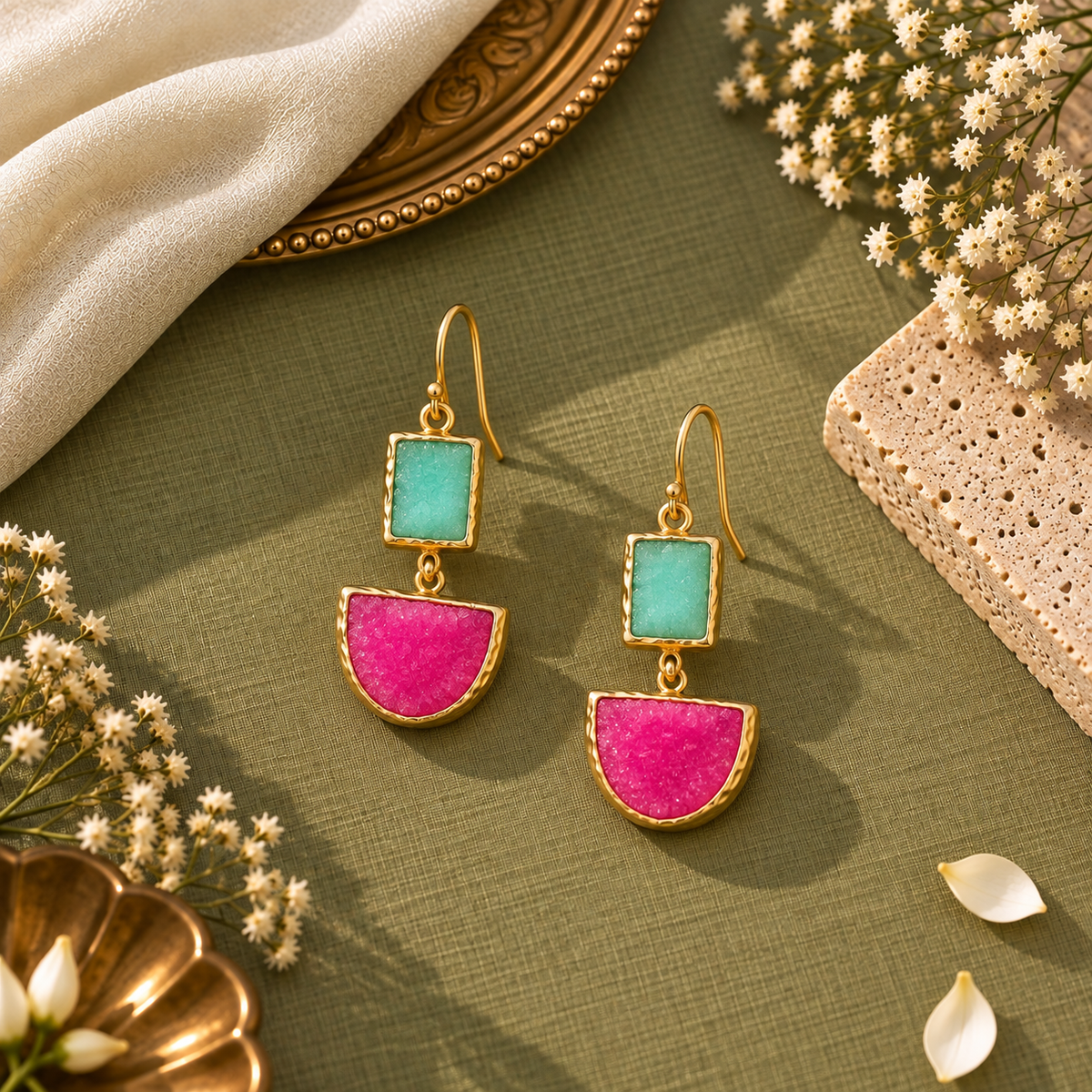 Solar Druzy Fuchsia Pink Statement Earrings