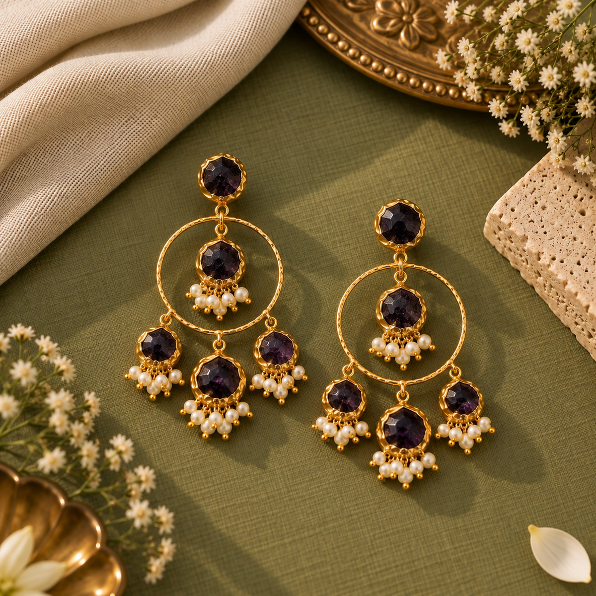 Chandelier black Stone Earrings