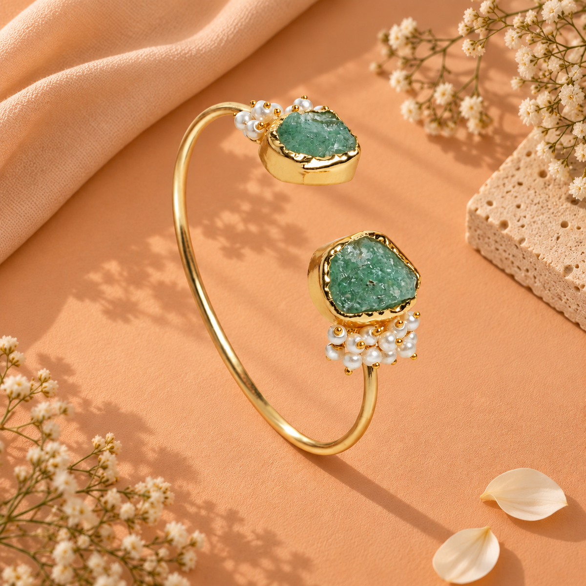 Dual Green Natural Stone Handcuff Bracelet