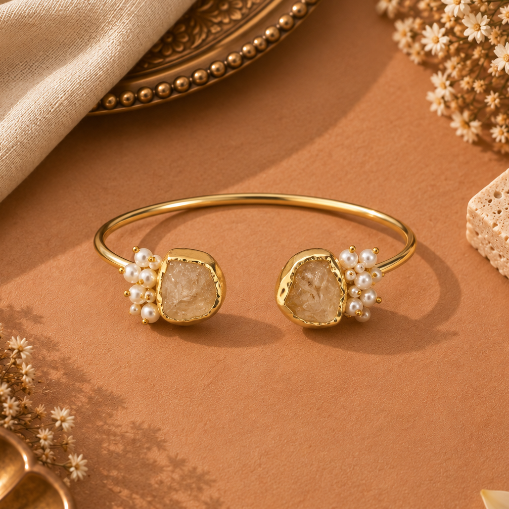 Dual Stone clustered pearl Cuff Bracelet
