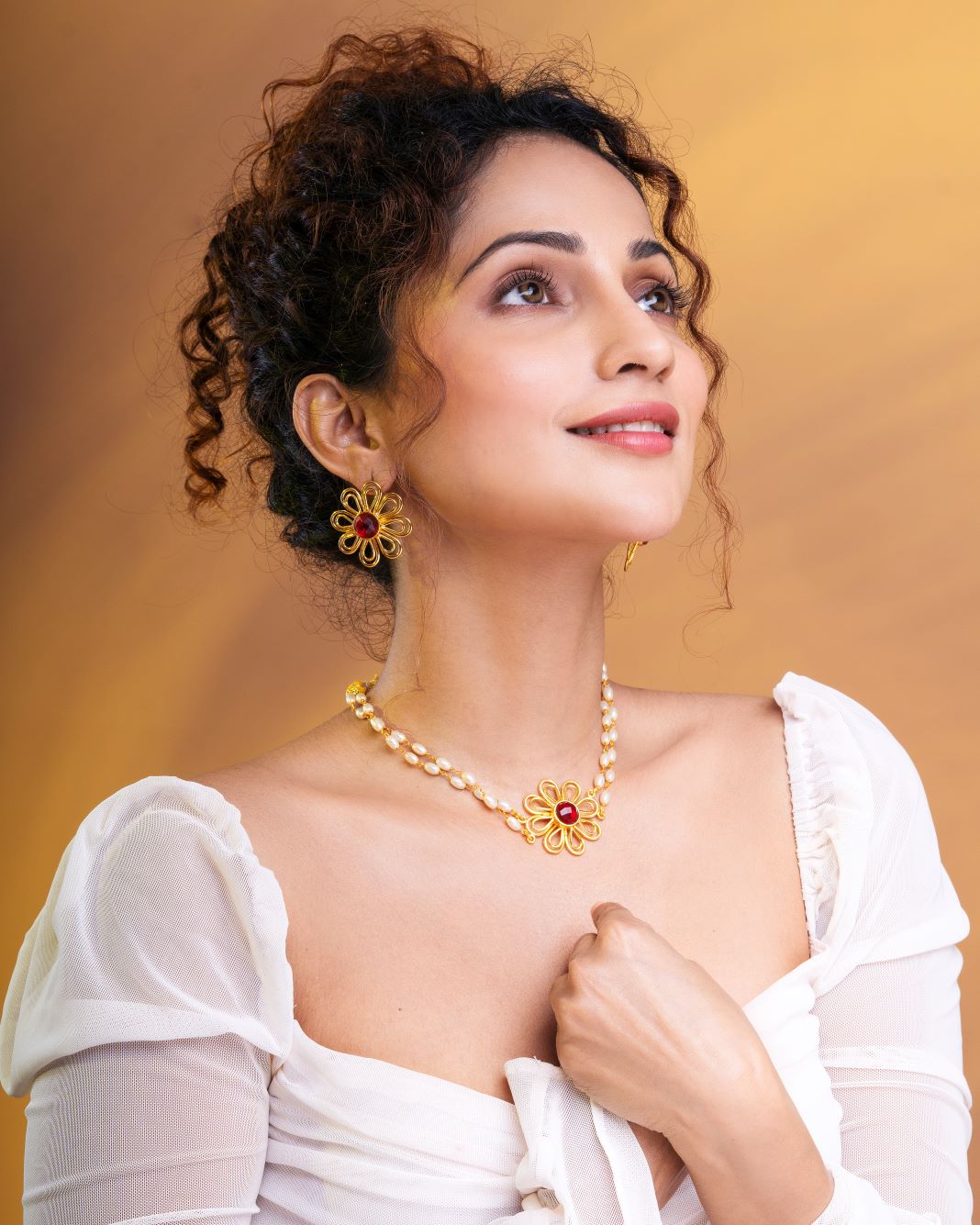 Floral Rice Bead Necklace Set- Ruby