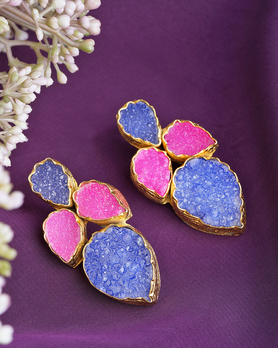Regal Baroque & Druzy Pink Floral Earrings