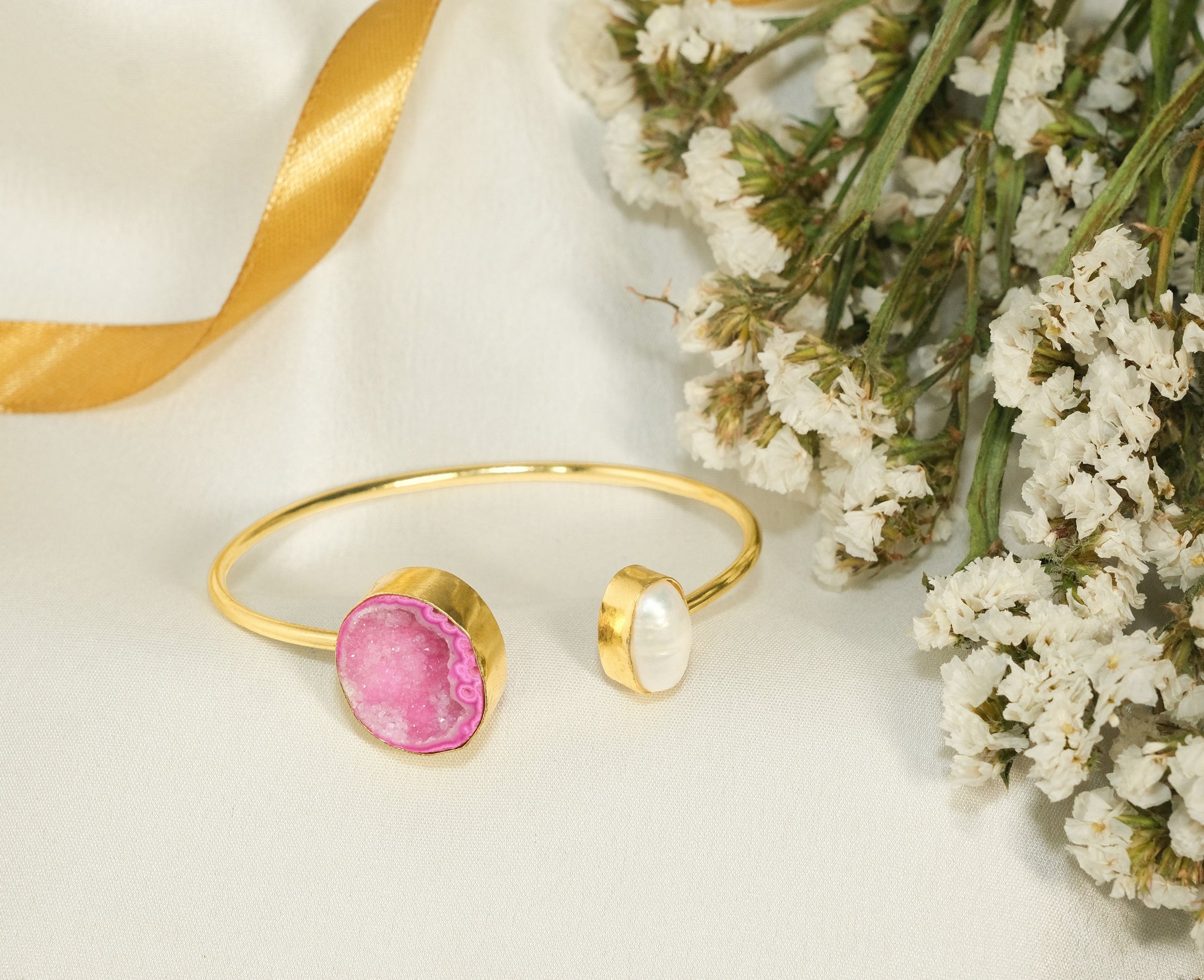 Sun Druzy- pearl Cuff Bracelet-Pink