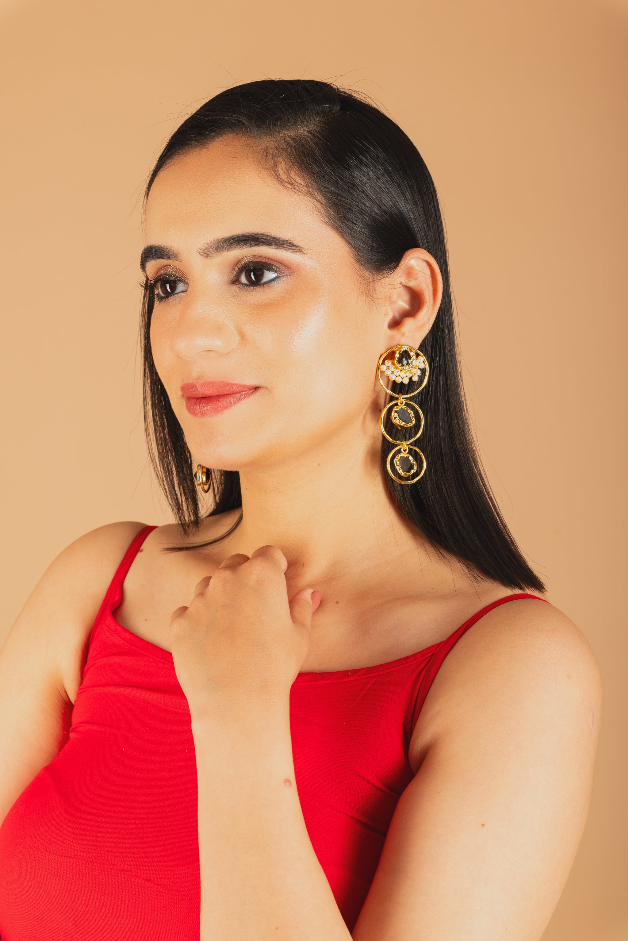 Tri Stone drop loop Earrings-B